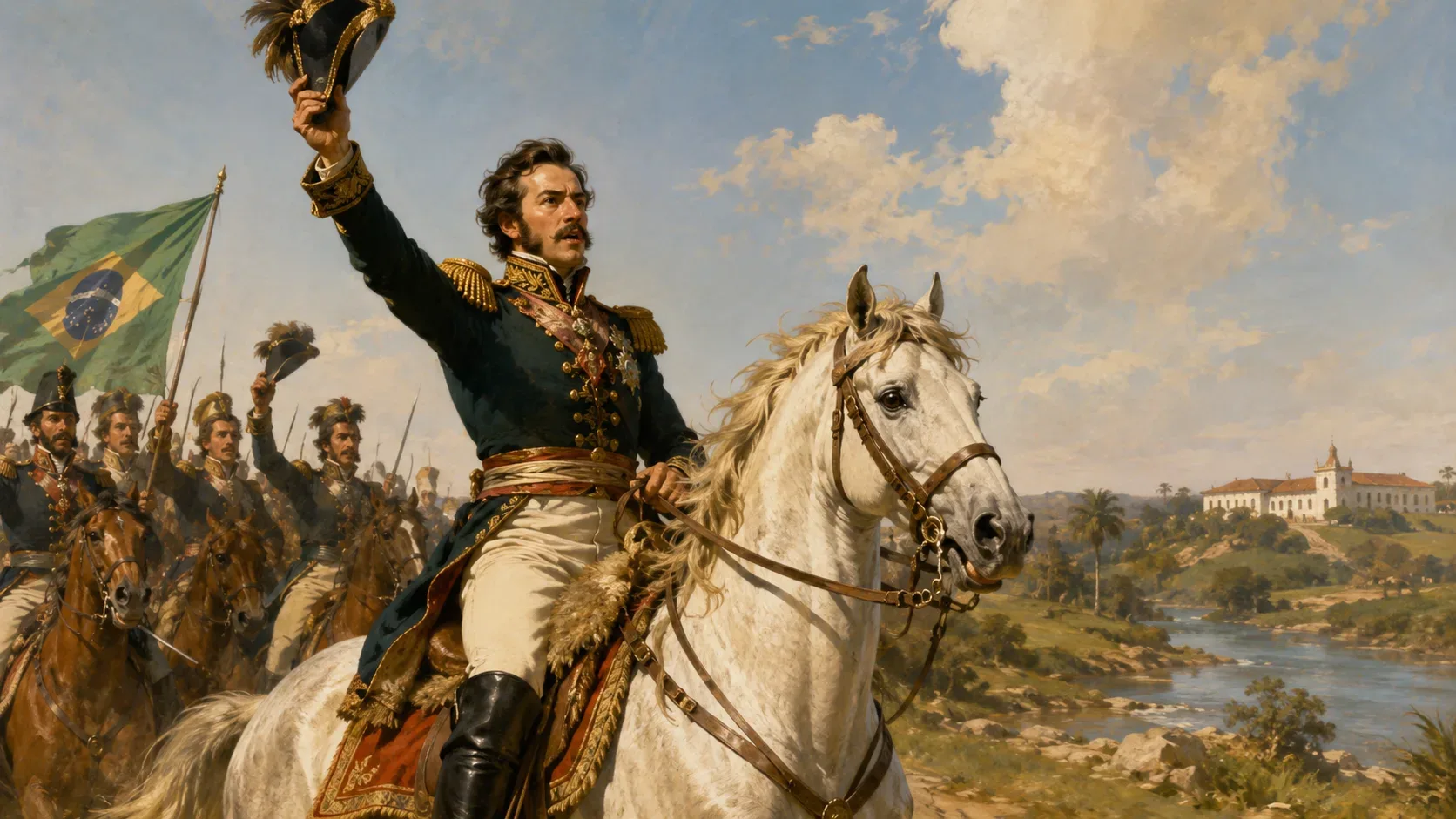 Representação pictórica heroica de Dom Pedro I montado em cavalo branco, erguendo o chapéu diante de cavaleiros e de uma bandeira brasileira em paisagem aberta.