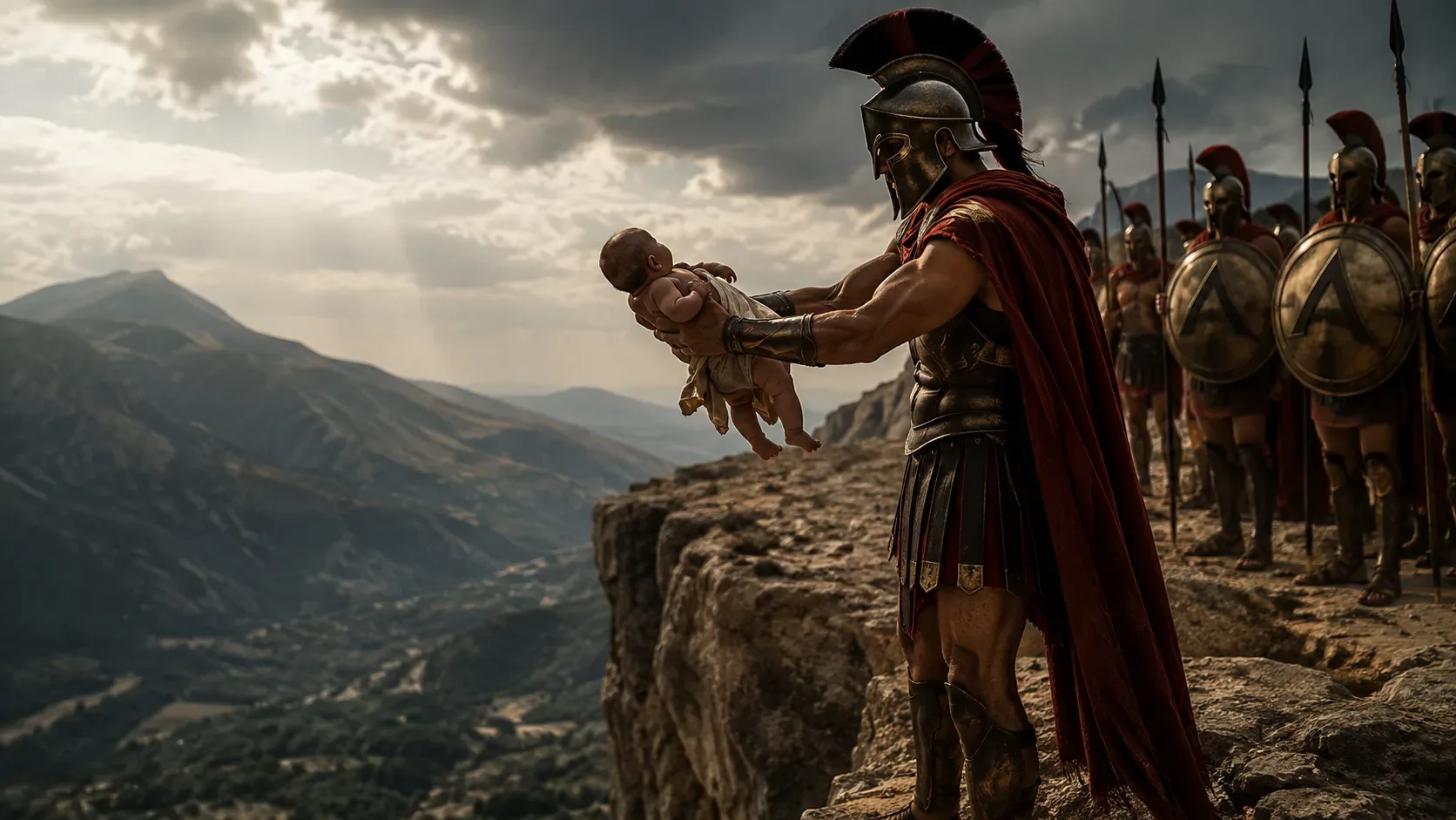 Guerreiro espartano de armadura segura um bebê diante de um precipício, com soldados e montanhas ao fundo.