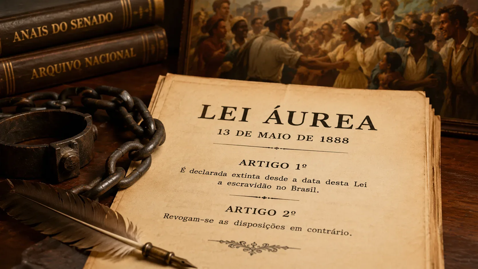 Pergaminho da Lei Áurea aberto sobre mesa de madeira, ao lado de correntes e pena, com livros de arquivo e uma multidão ao fundo.