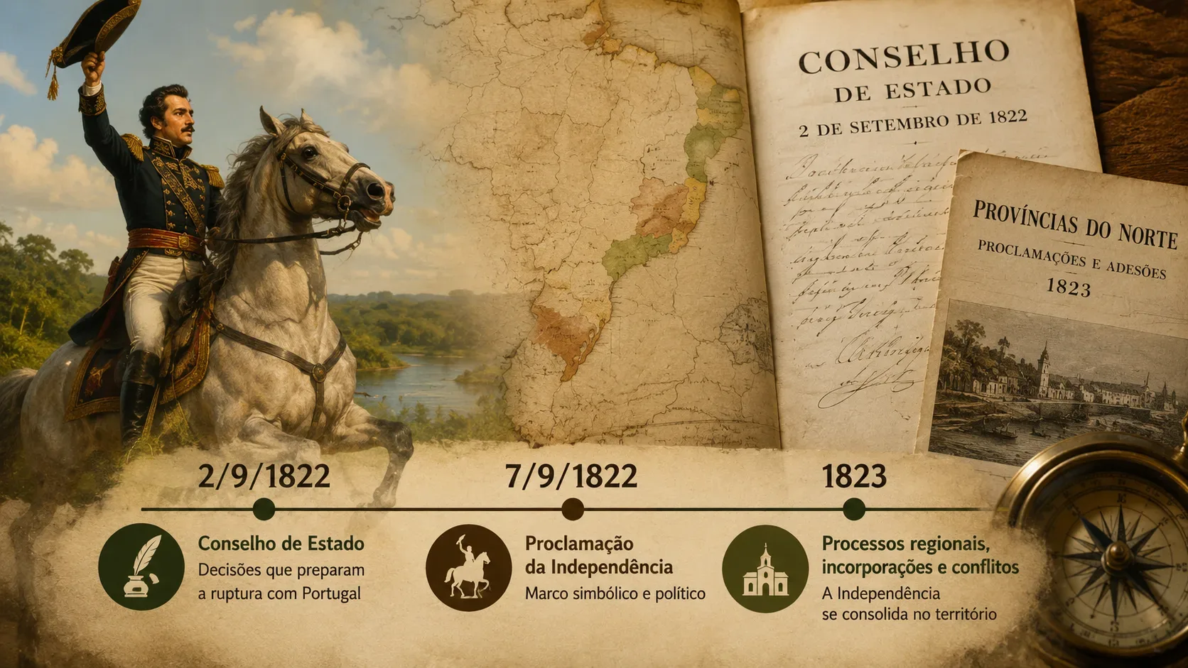 Montagem histórica com D. Pedro a cavalo, mapa antigo do Brasil, documentos e linha do tempo destacando 2/9/1822, 7/9/1822 e 1823.