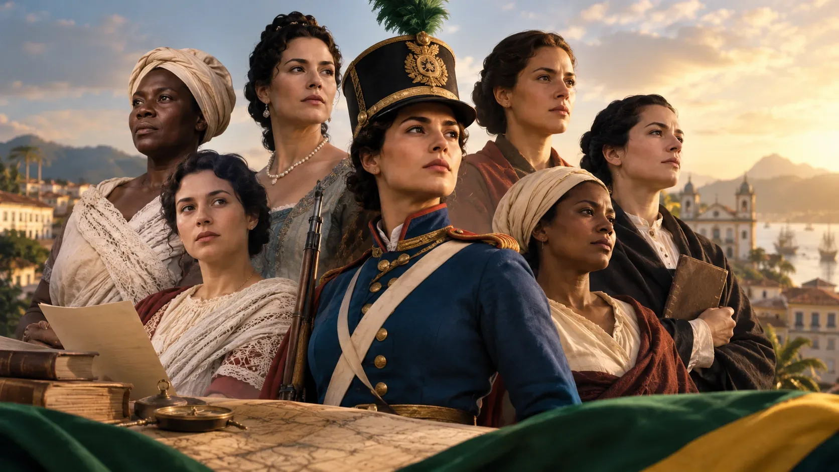 Sete mulheres em trajes do início do século XIX diante de uma cidade litorânea, com figura central em uniforme militar azul, livros, carta, mapa e cores verde e amarela.