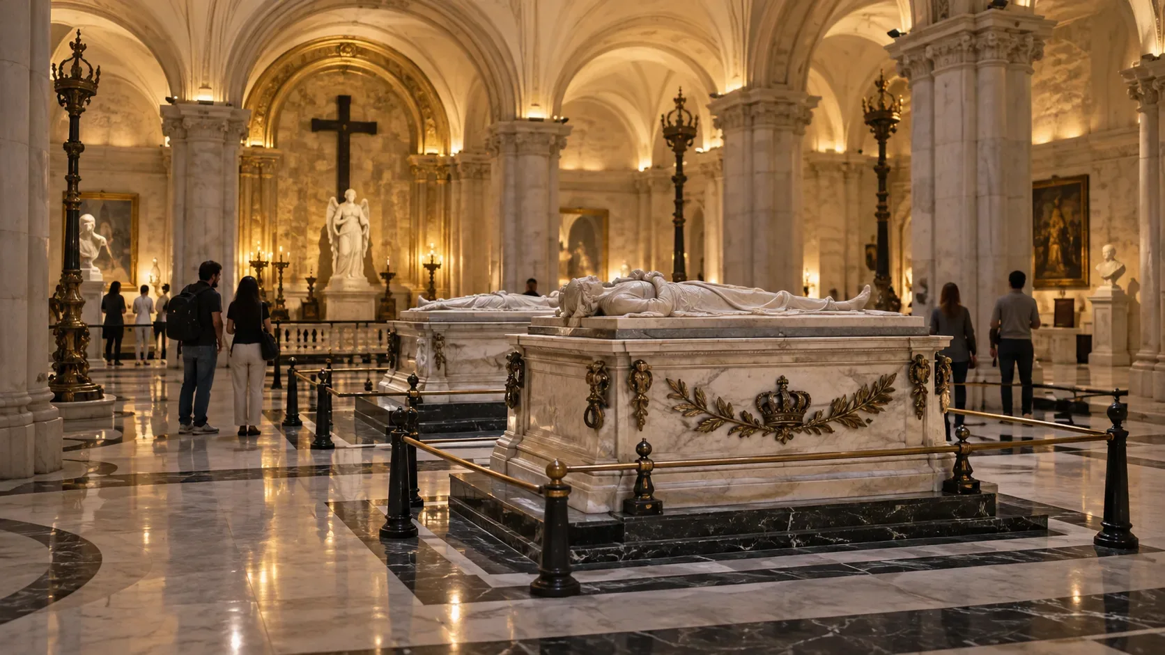 Interior amplo de cripta histórica com túmulos de mármore, iluminação dourada, colunas clássicas e visitantes observando o espaço.