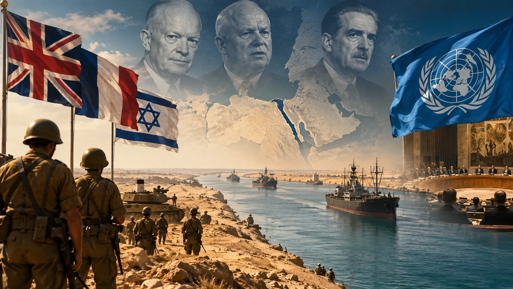 Composição histórica do Canal de Suez com soldados, tanque e navios, bandeiras britânica, francesa, israelense e da ONU, além de retratos de Eisenhower, Khrushchev e Anthony Eden ao fundo.