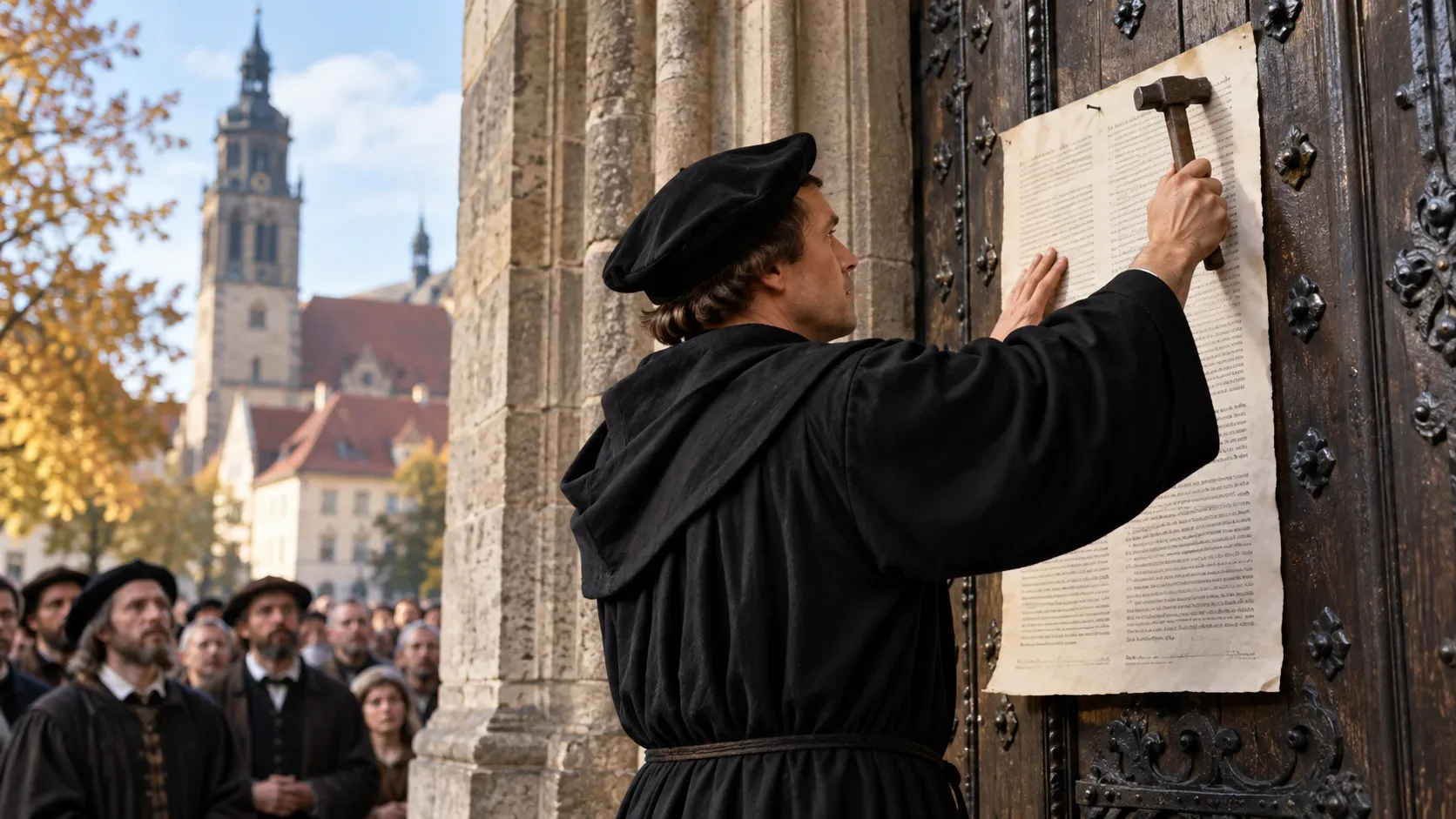 Reformador em traje preto fixa com martelo um pergaminho em uma grande porta de madeira de igreja, com multidão e cidade histórica ao fundo.