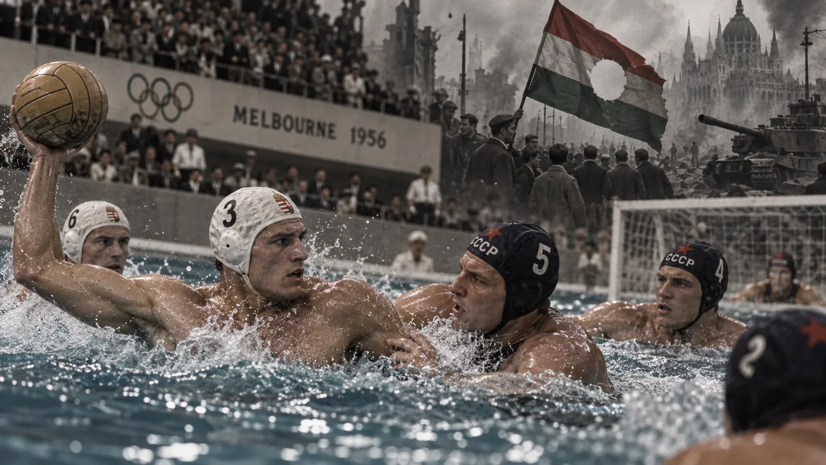 Montagem histórica mostra jogadores húngaros e soviéticos em disputa intensa no polo aquático de Melbourne, com arquibancadas ao fundo e, sobrepostas, cenas da Revolução Húngara com bandeira vazada, fumaça e um tanque.