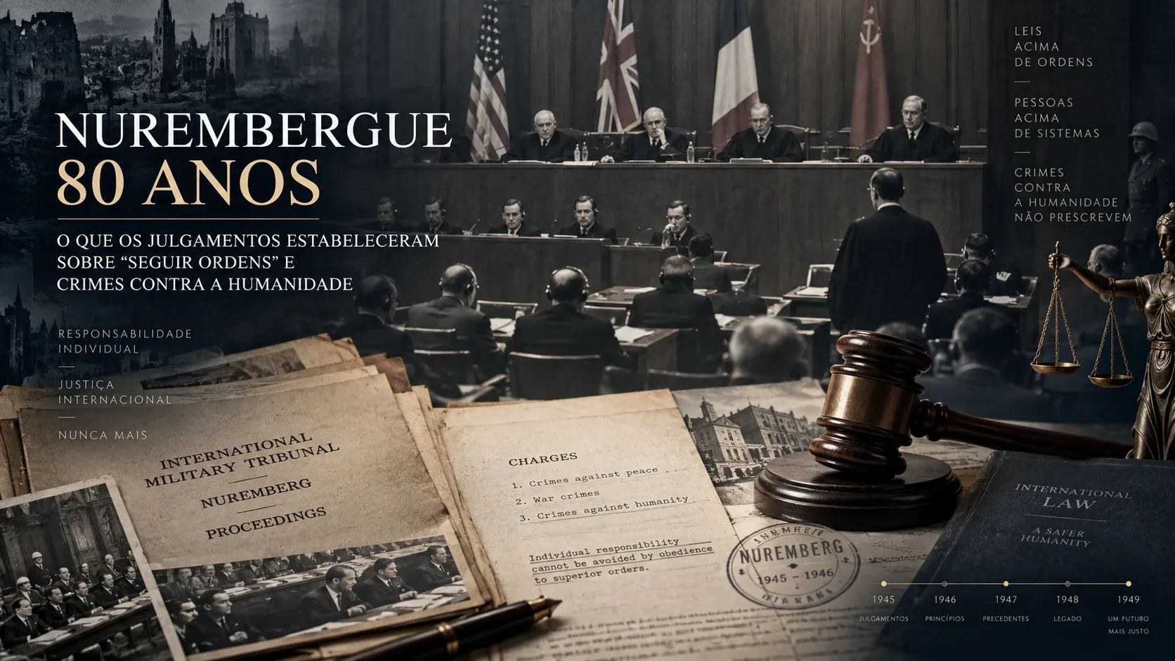 Composição editorial com tribunal histórico de Nurembergue ao fundo, documentos jurídicos, martelo e balança da Justiça em tons sóbrios.