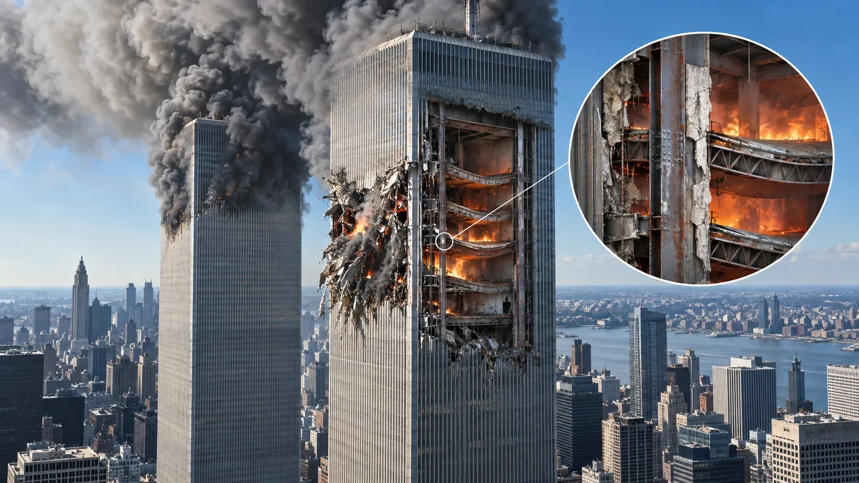 Torres Gêmeas com fumaça sobre Manhattan, uma delas em corte com andares em chamas e ampliação circular mostrando a estrutura de aço deformada.