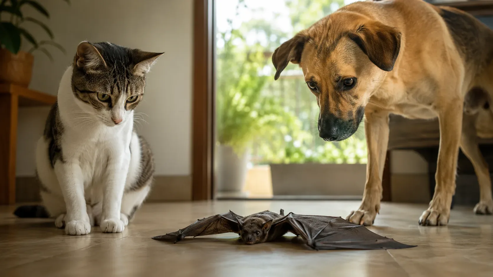 Cão e gato mantidos afastados de um morcego no chão, em cena educativa sobre prevenção da raiva e sem contato direto.
