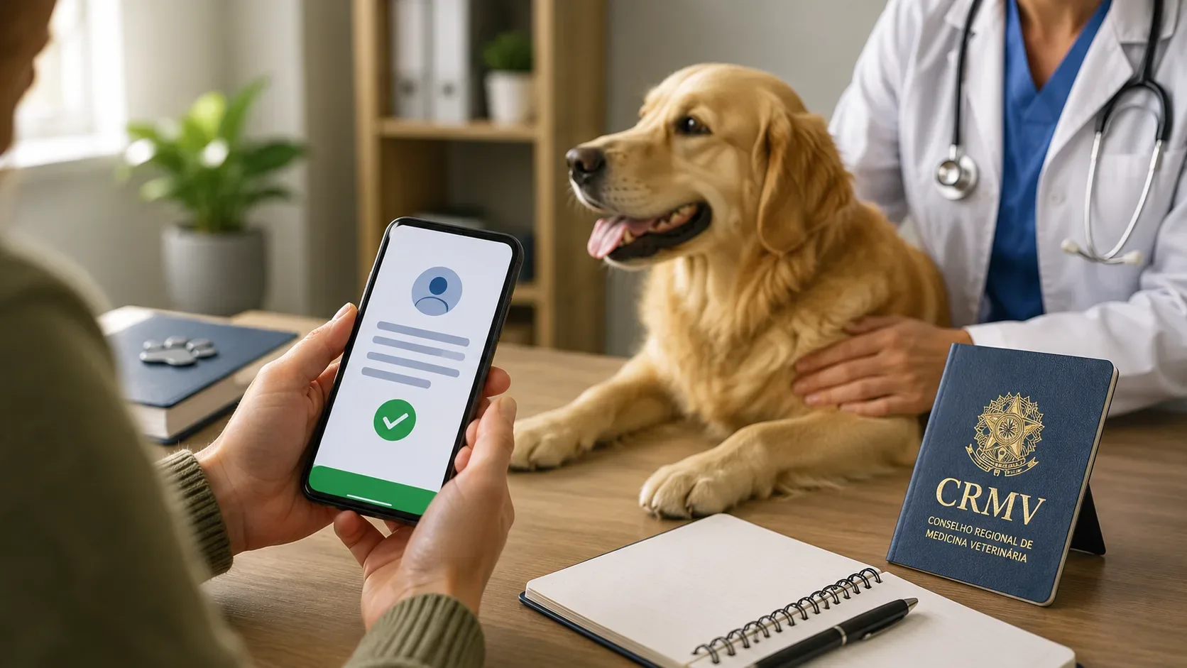 Responsável por um animal confere no celular o número de registro CRMV do médico-veterinário antes da consulta