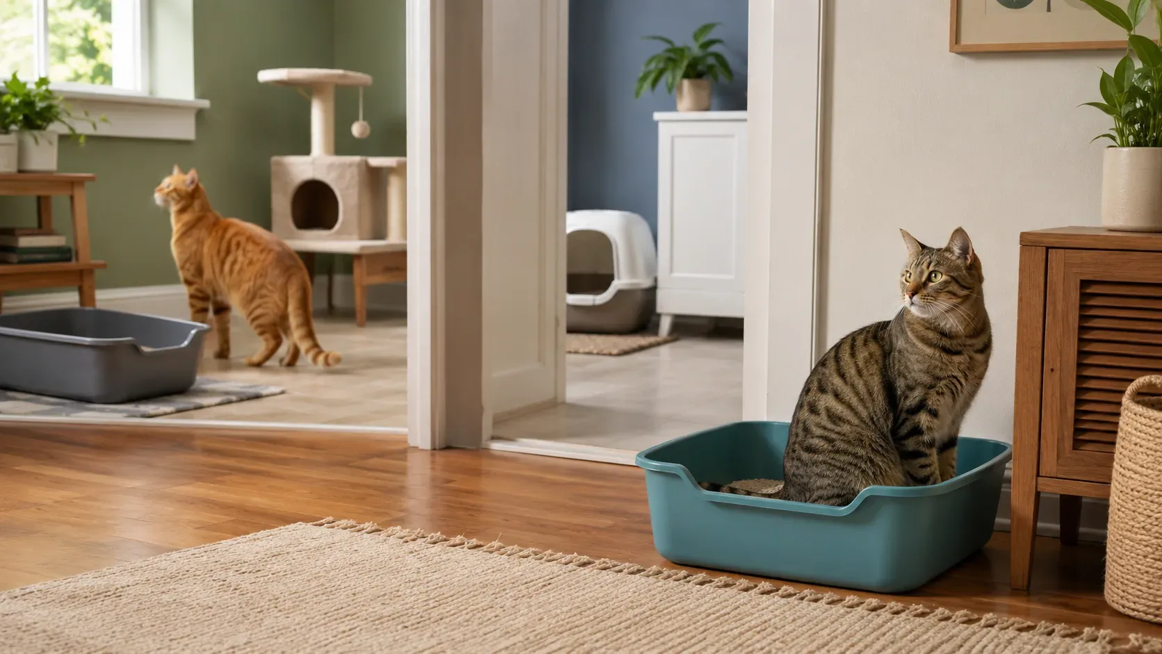 Dois gatos em áreas diferentes da casa, com caixas de areia separadas e posicionadas em locais acessíveis e tranquilos.