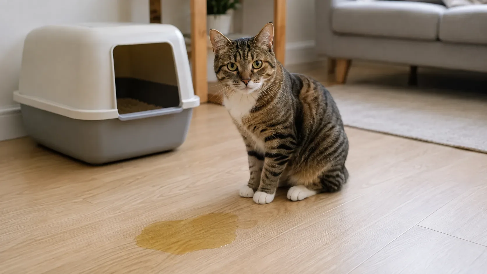 Gato próximo a uma caixa de areia limpa em ambiente doméstico, representando a observação de alterações no hábito de urinar.