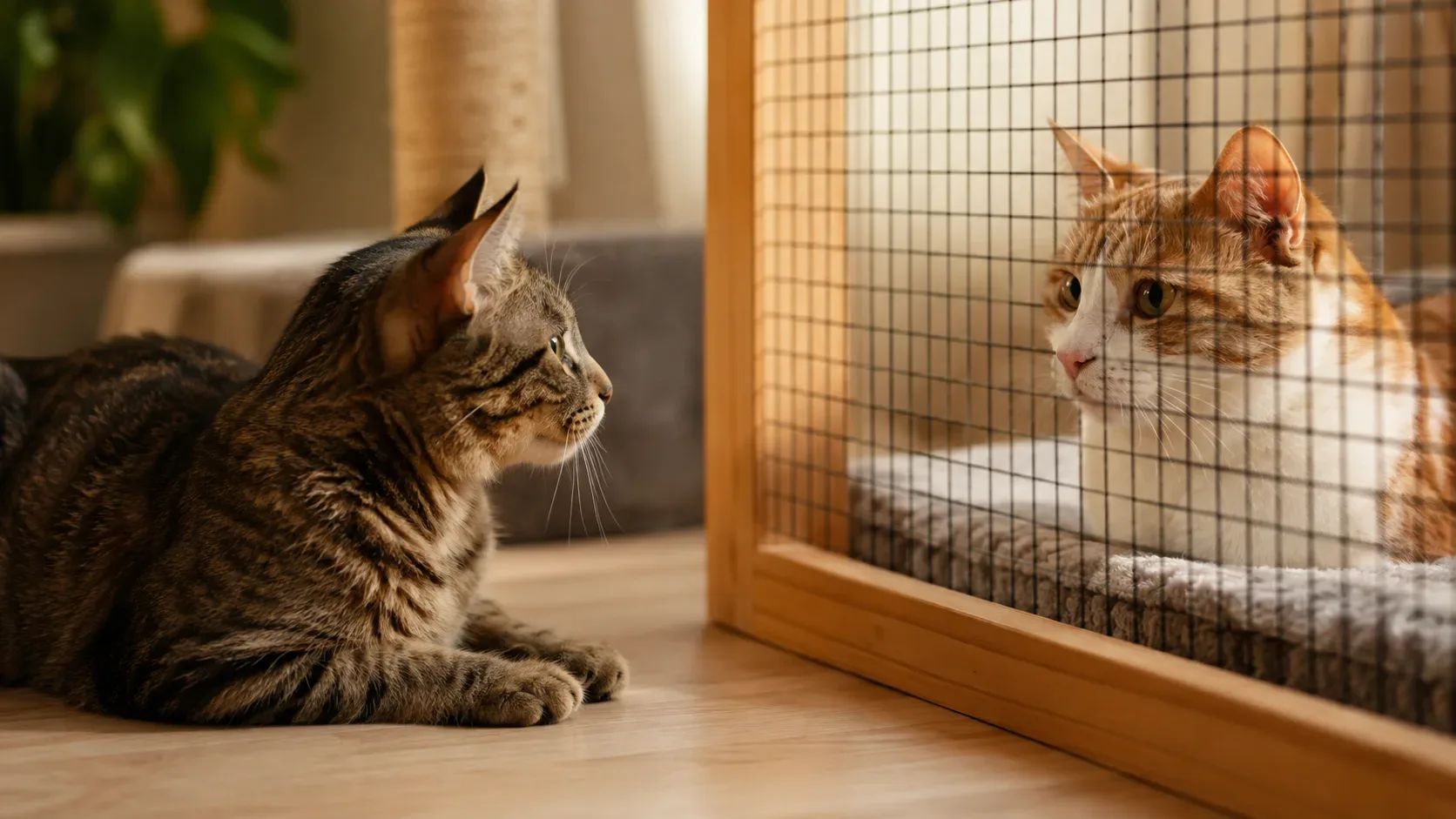 Dois gatos domésticos separados por uma barreira vazada durante uma introdução gradual dentro de casa.