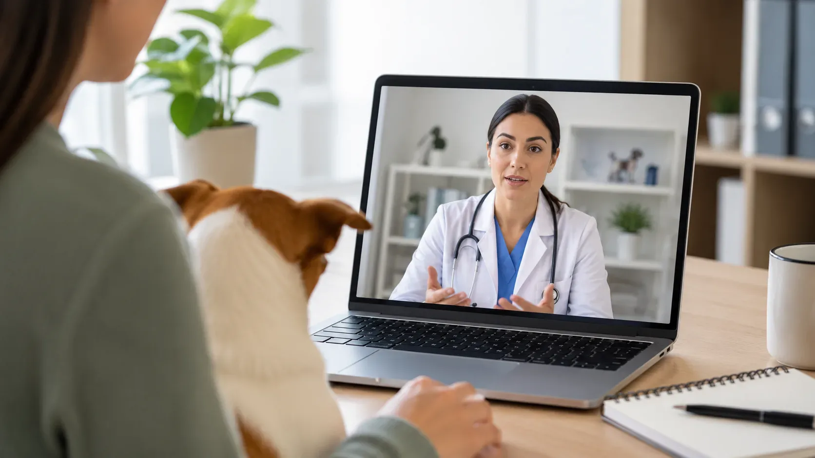 Médica-veterinária conversa por videochamada com responsável por um animal e avalia se o caso pode continuar remotamente ou exige atendimento presencial.