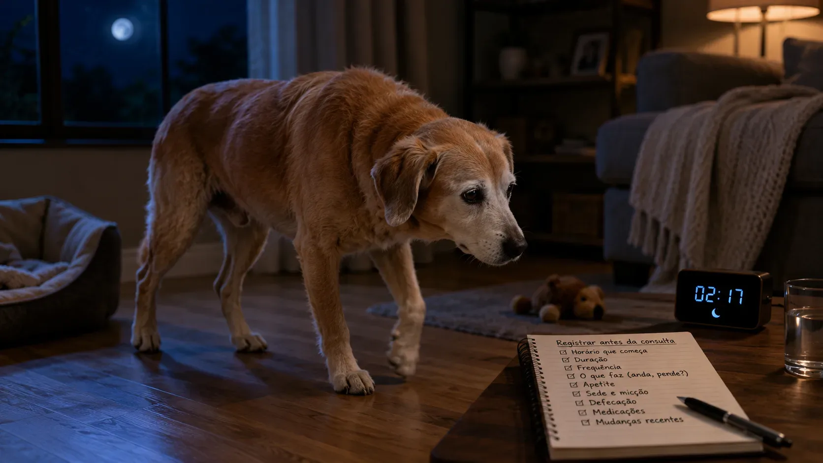 Cão idoso de pelagem dourada caminhando pela sala à noite, com relógio marcando 02:17 e caderno de observações em primeiro plano.