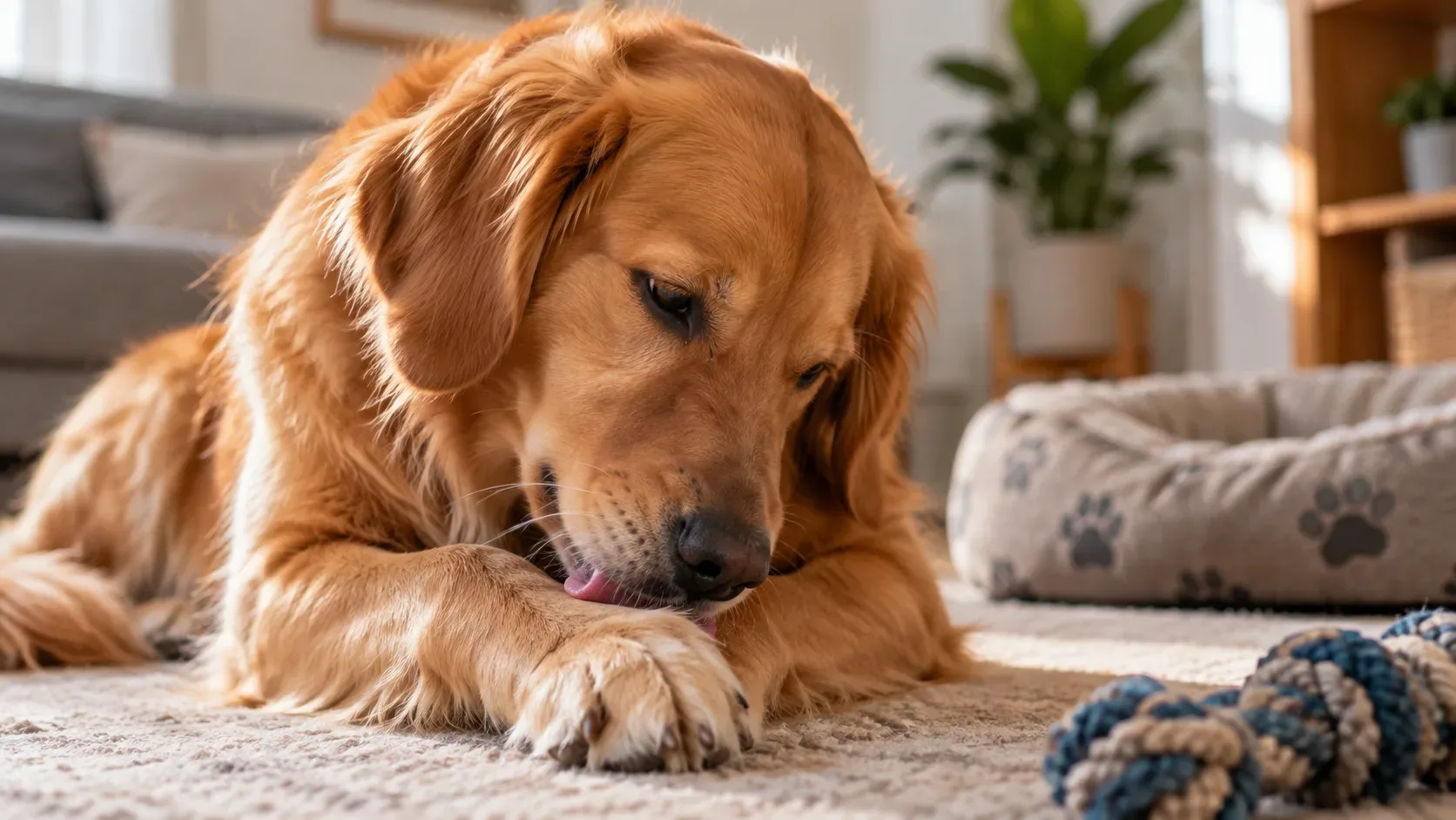Cachorro dourado deitado em um tapete dentro de casa, lambendo uma das patas dianteiras, com cama pet e brinquedo de corda ao fundo.