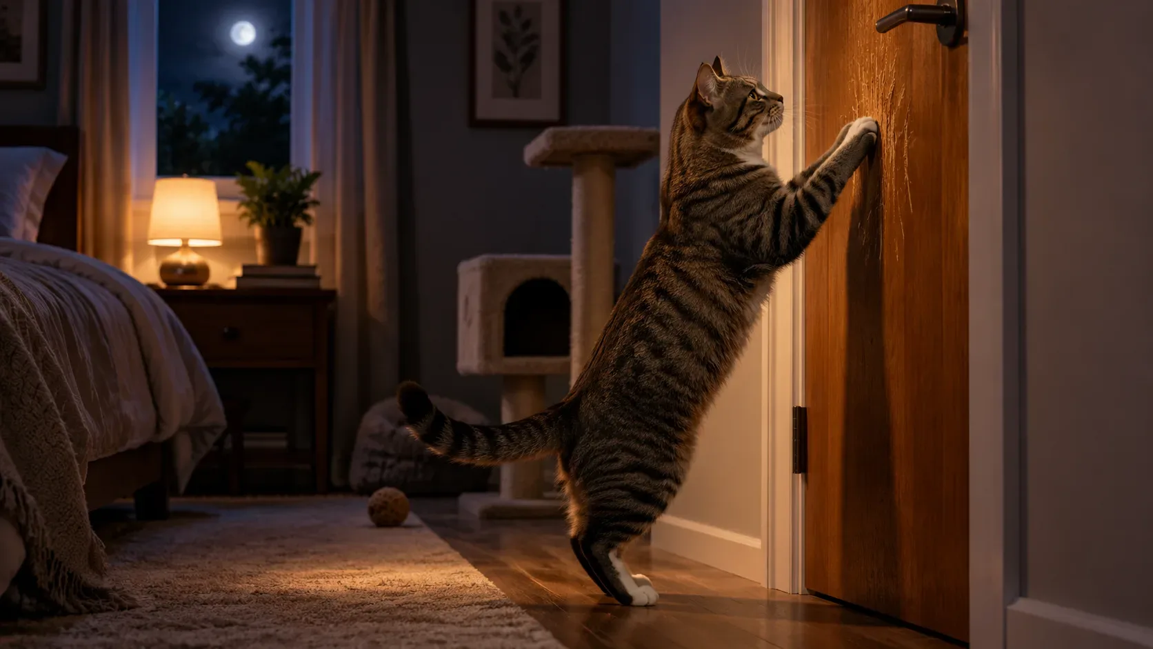 Gato tigrado em um quarto iluminado à noite, apoiado nas patas traseiras e arranhando uma porta de madeira fechada, com cama e arranhador ao fundo.