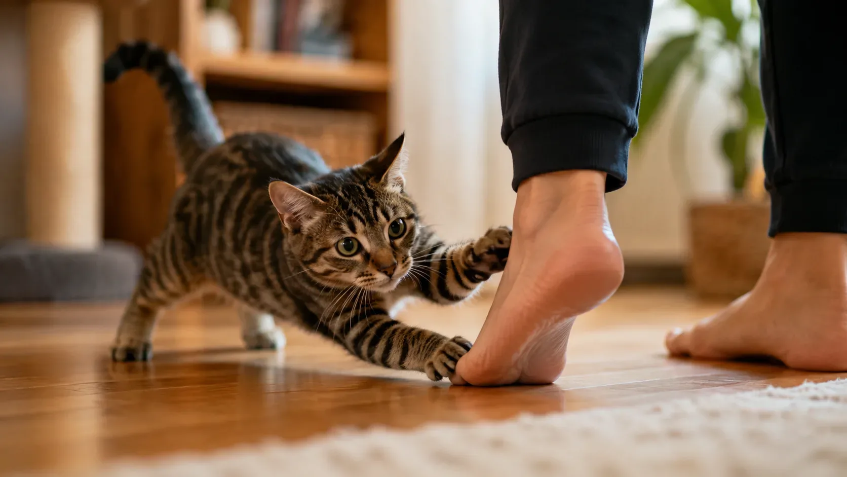 Gato tigrado em postura de emboscada estende a pata em direção ao tornozelo descalço de uma pessoa dentro de casa.
