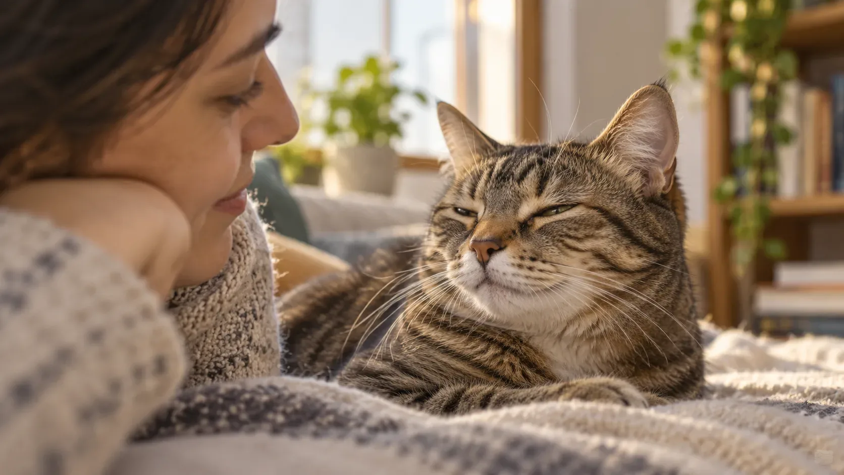 Mulher observa um gato tigrado deitado em uma manta, com os olhos suavemente semicerrados em um gesto de slow blink, em ambiente doméstico iluminado.