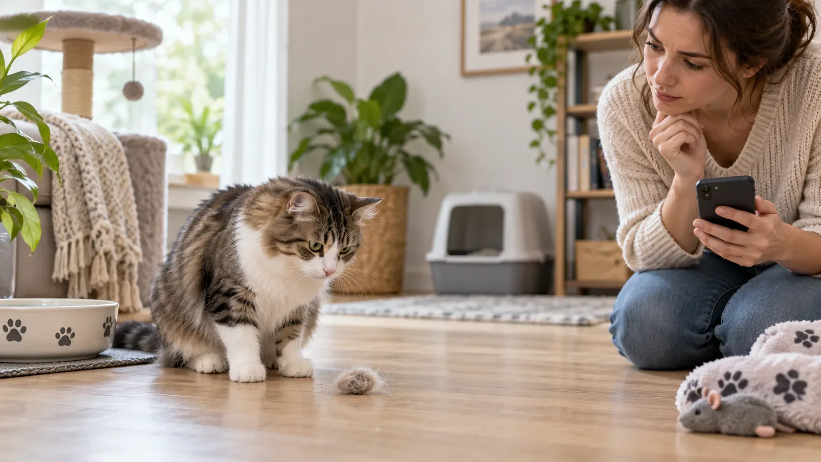Gato observa uma pequena bola de pelo no chão enquanto a tutora acompanha atentamente, com pote de água e caixa de areia ao fundo.
