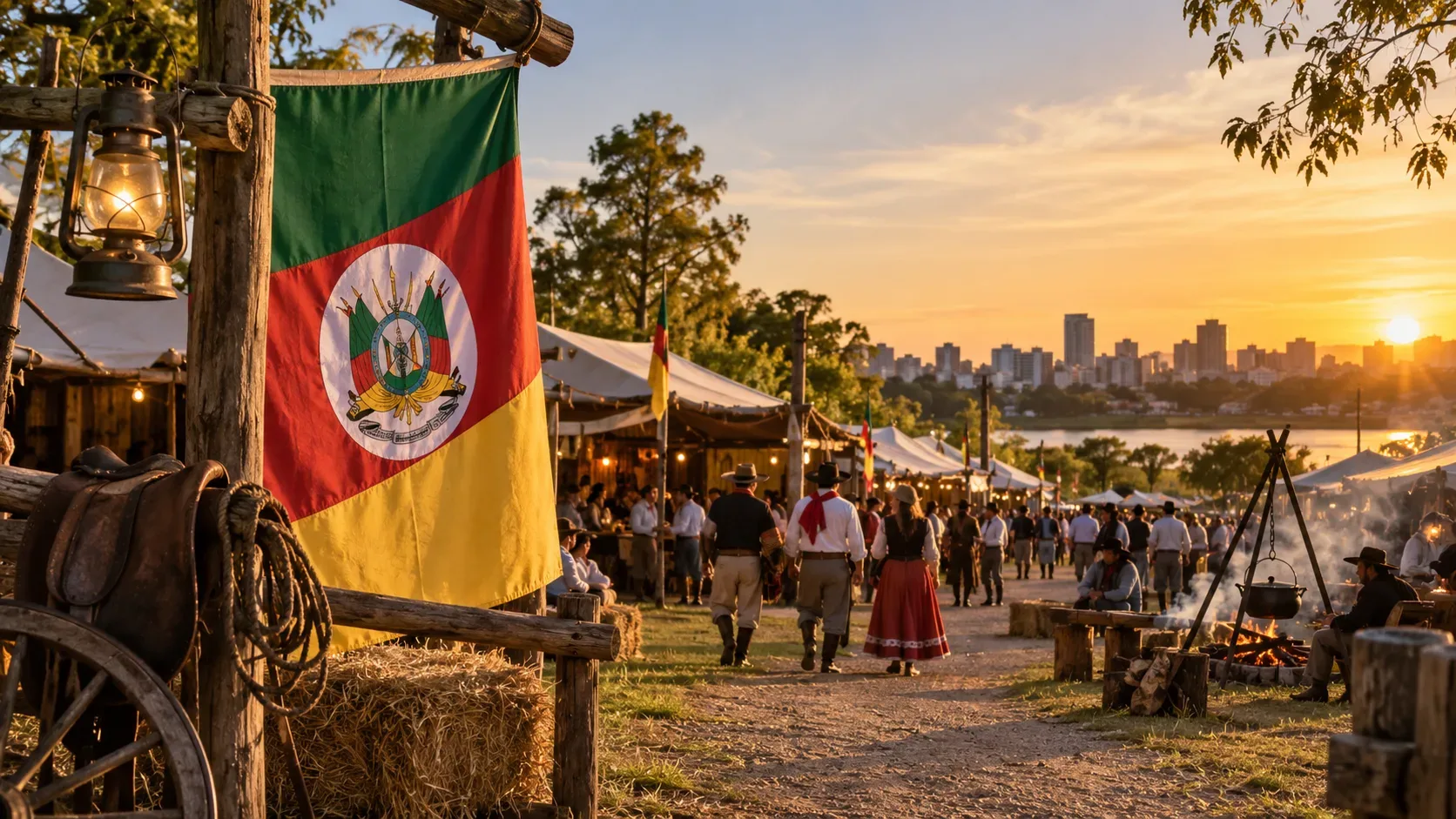 Bandeira do Rio Grande do Sul junto a piquetes e fogueiras do Acampamento Farroupilha ao entardecer, com visitantes e a cidade ao fundo.