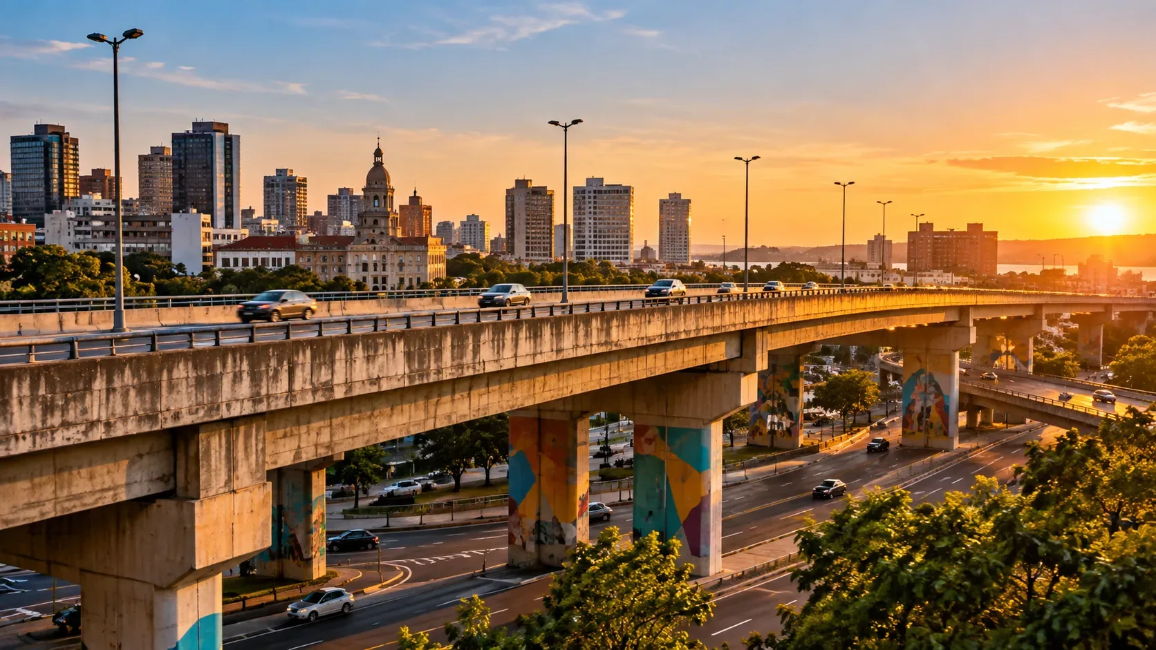 Viaduto urbano de concreto com tráfego sobre vias, pilares com murais e skyline ao pôr do sol.