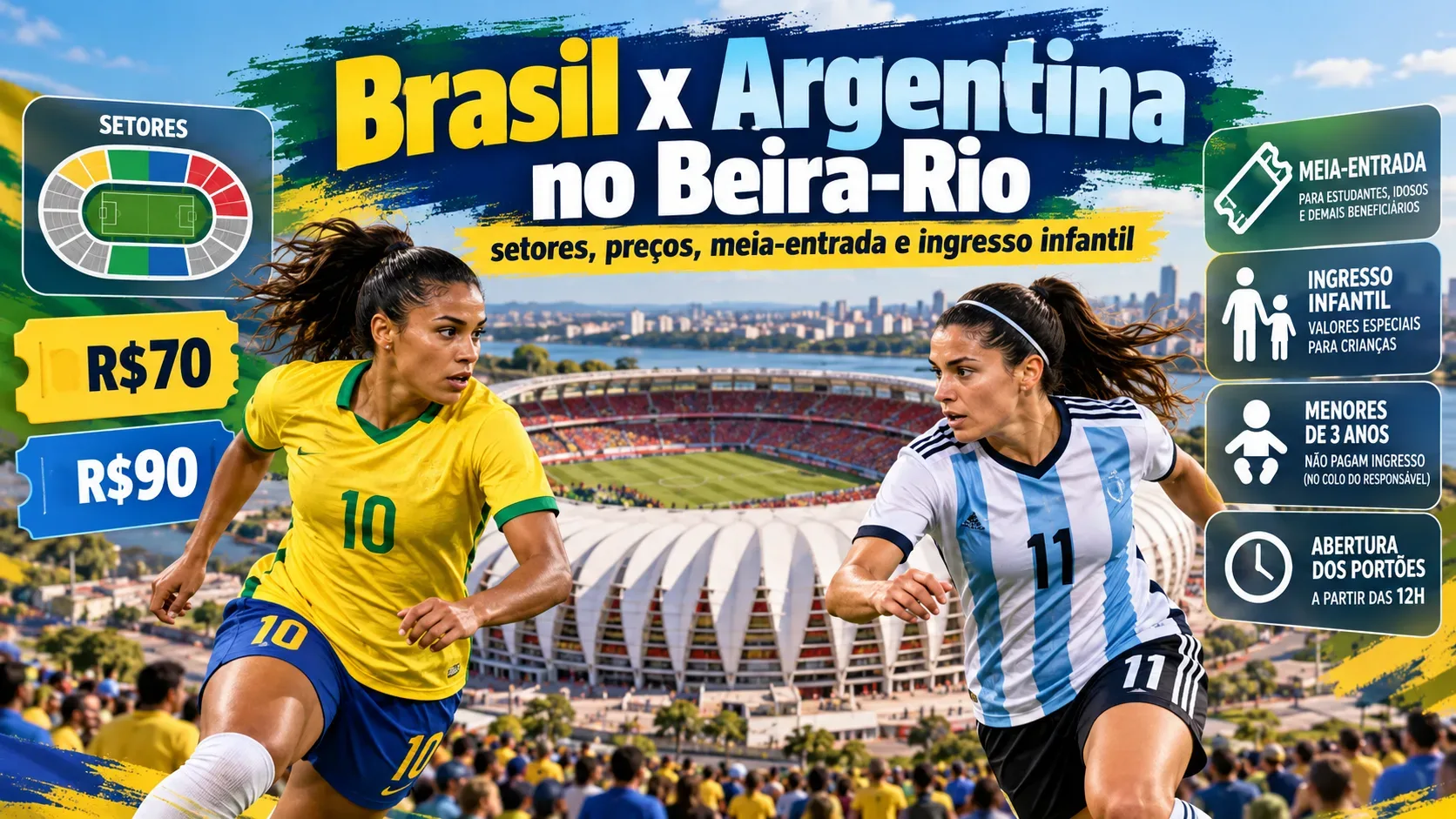 Arte esportiva com duas jogadoras, uma em uniforme amarelo do Brasil e outra em uniforme listrado da Argentina, diante do Beira-Rio, com painéis de preços e regras de ingresso.