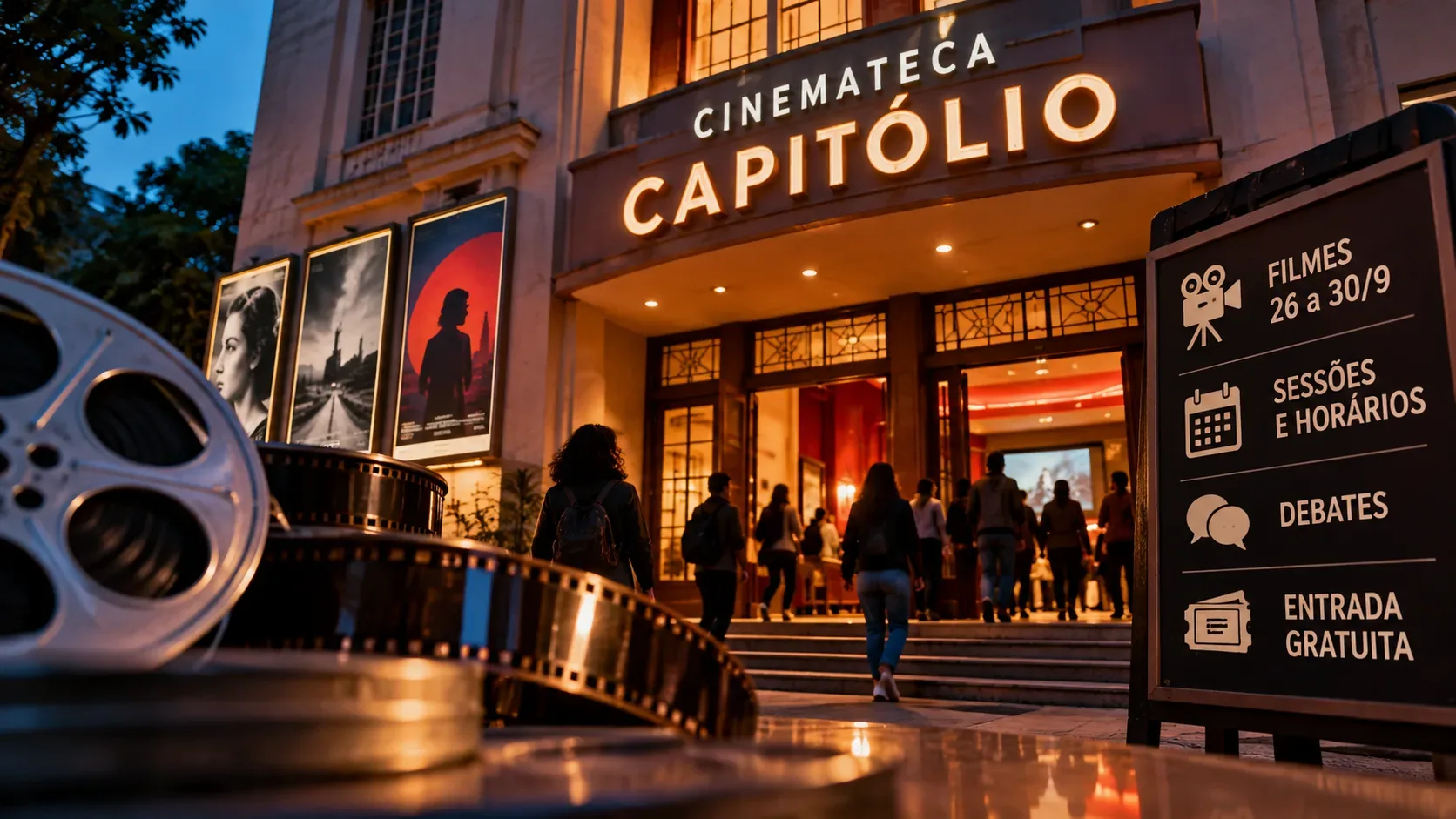 Fachada iluminada da Cinemateca Capitólio ao anoitecer, com público entrando, rolos de filme em primeiro plano e painel informativo sobre sessões gratuitas.