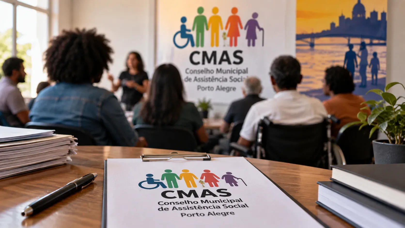 Mesa com pasta do CMAS de Porto Alegre diante de reunião de representantes da sociedade civil, com participantes sentados em sala.
