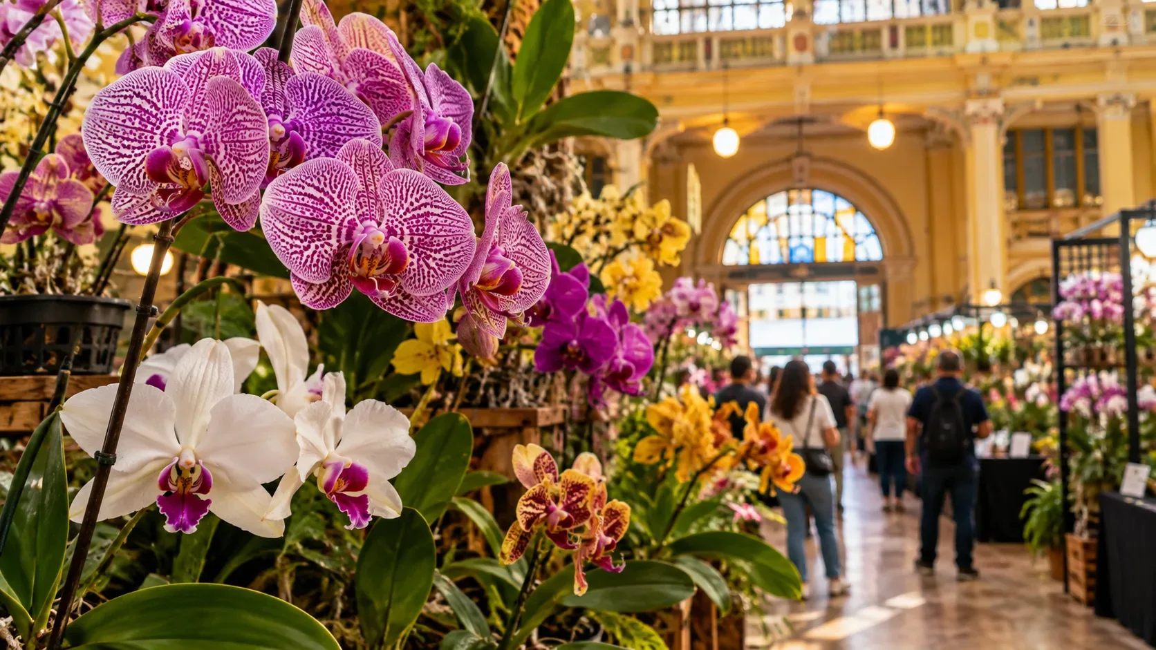 Orquídeas coloridas em primeiro plano durante exposição em salão histórico do Mercado Público, com visitantes circulando entre os estandes.