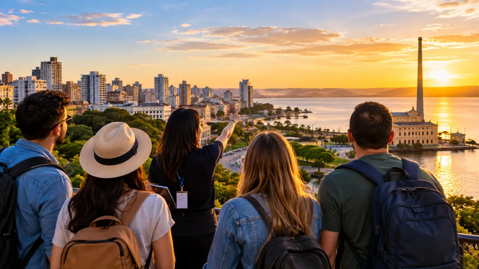 Grupo de cinco viajantes observa uma cidade à beira d'água ao pôr do sol enquanto uma guia aponta a paisagem urbana.