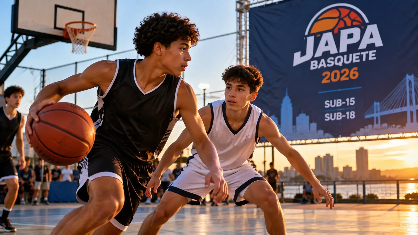 Dois jovens jogadores disputam a bola em uma quadra de basquete ao ar livre, com outros atletas e a cidade ao fundo.