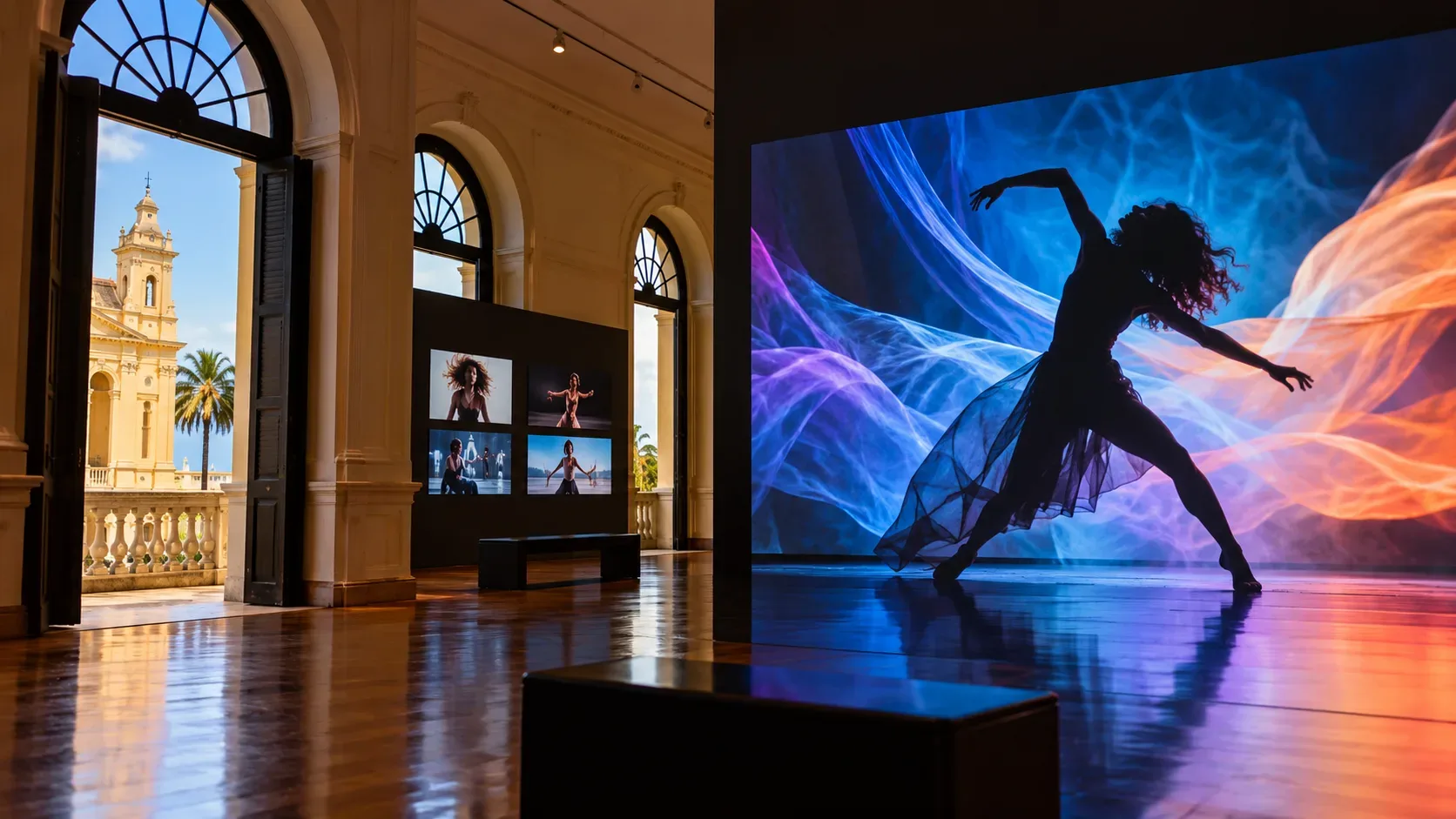 Galeria histórica com grandes janelas em arco e projeção de uma dançarina em silhueta sobre formas luminosas azuis e alaranjadas.