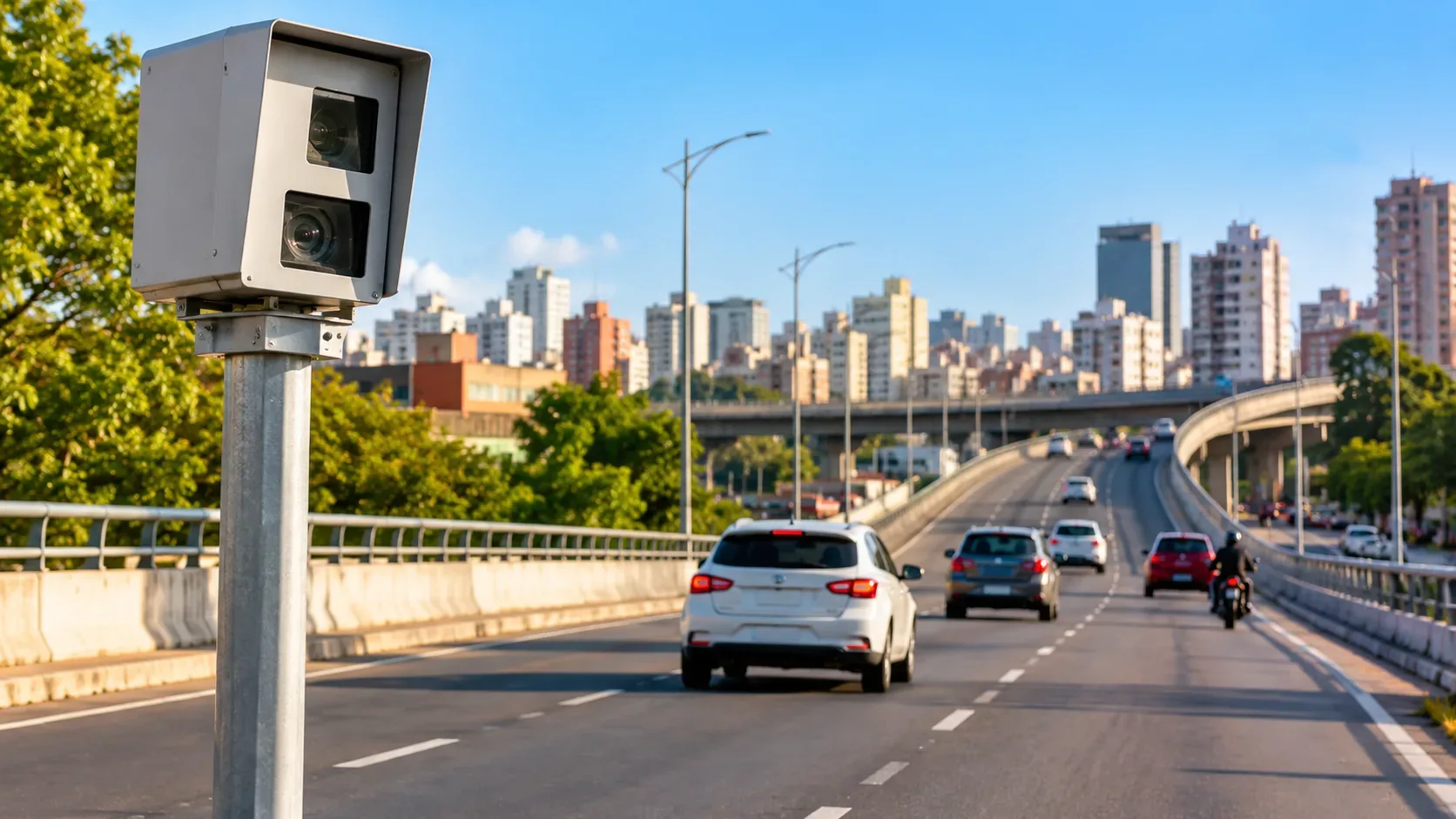 Medidor eletrônico de velocidade em primeiro plano ao lado de via elevada urbana, com carros em circulação e prédios ao fundo.