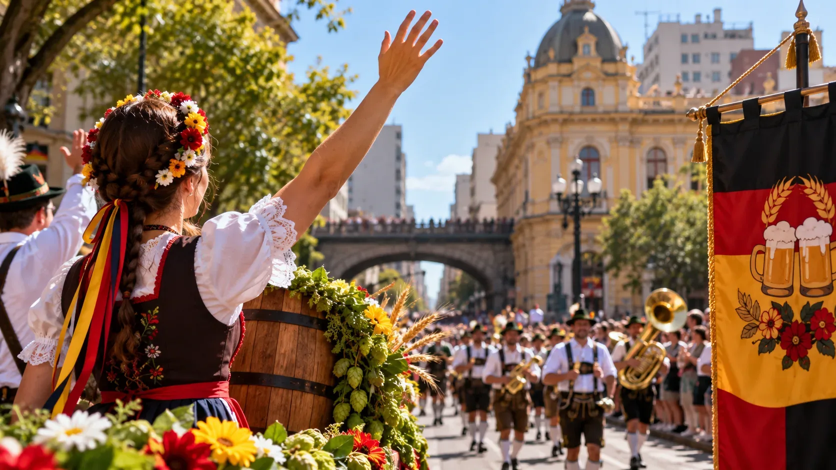 Desfile inspirado na Oktoberfest em rua histórica, com mulher em traje germânico, músicos de metais, barril decorado com flores e público ao fundo.