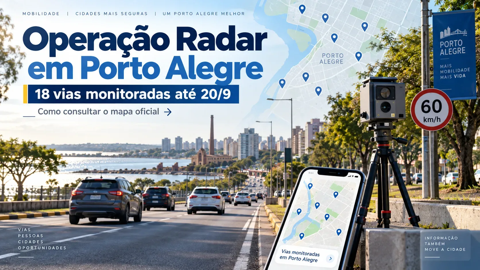 Avenida em Porto Alegre com carros, radar portátil à margem da via, placa de 60 km/h, mapa com marcadores e celular exibindo pontos de fiscalização.