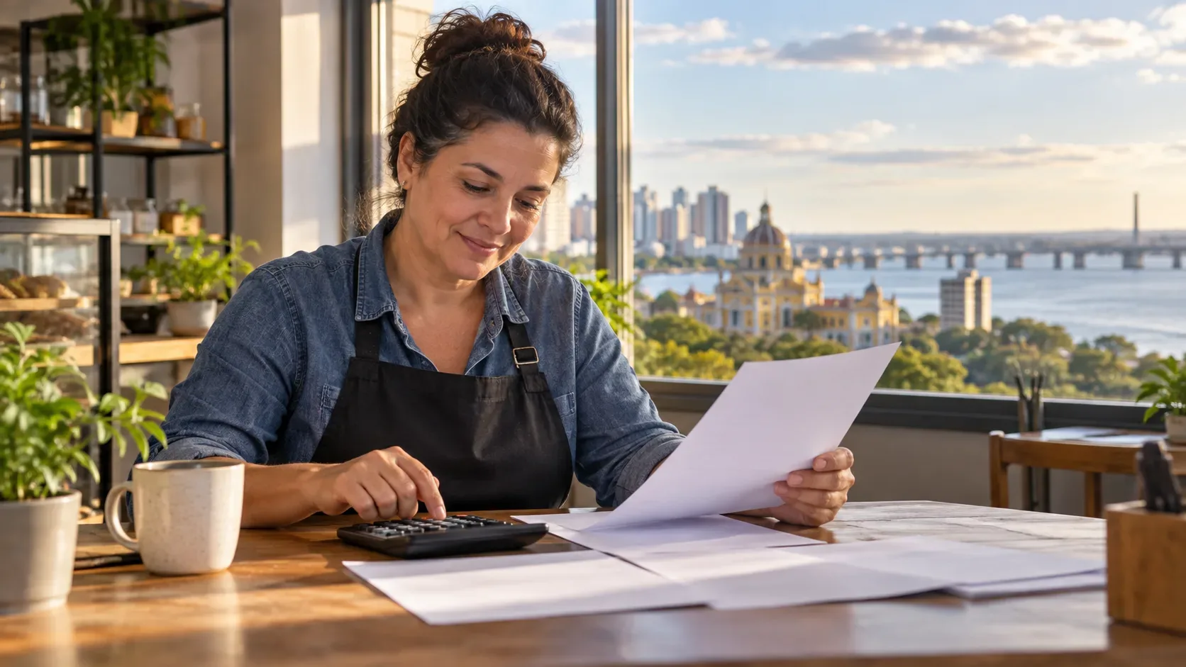 Empreendedora com avental analisa uma folha de papel em branco e usa uma calculadora sobre uma mesa, com vista urbana e rio ao fundo.