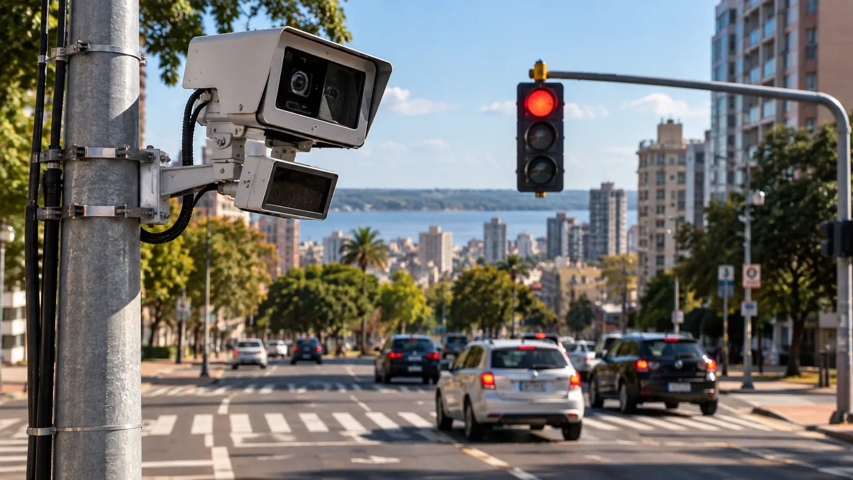 Detector eletrônico ao lado de semáforo vermelho em avenida urbana com carros e edifícios ao fundo.