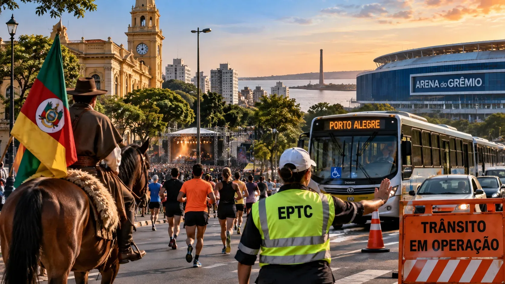 Cena urbana de Porto Alegre com agente de trânsito, ônibus, corredores, cavaleiro com bandeira gaúcha, palco e estádio ao fundo.