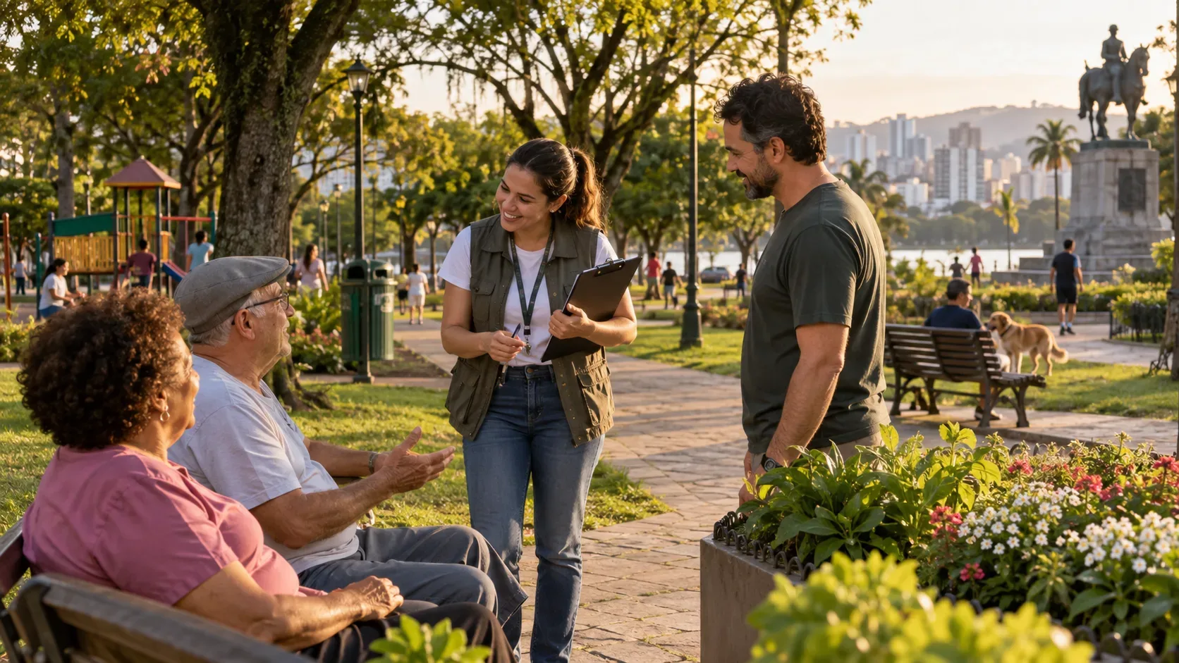 Voluntária com prancheta conversa com moradores em uma praça arborizada, com bancos, jardim e área de lazer ao fundo.