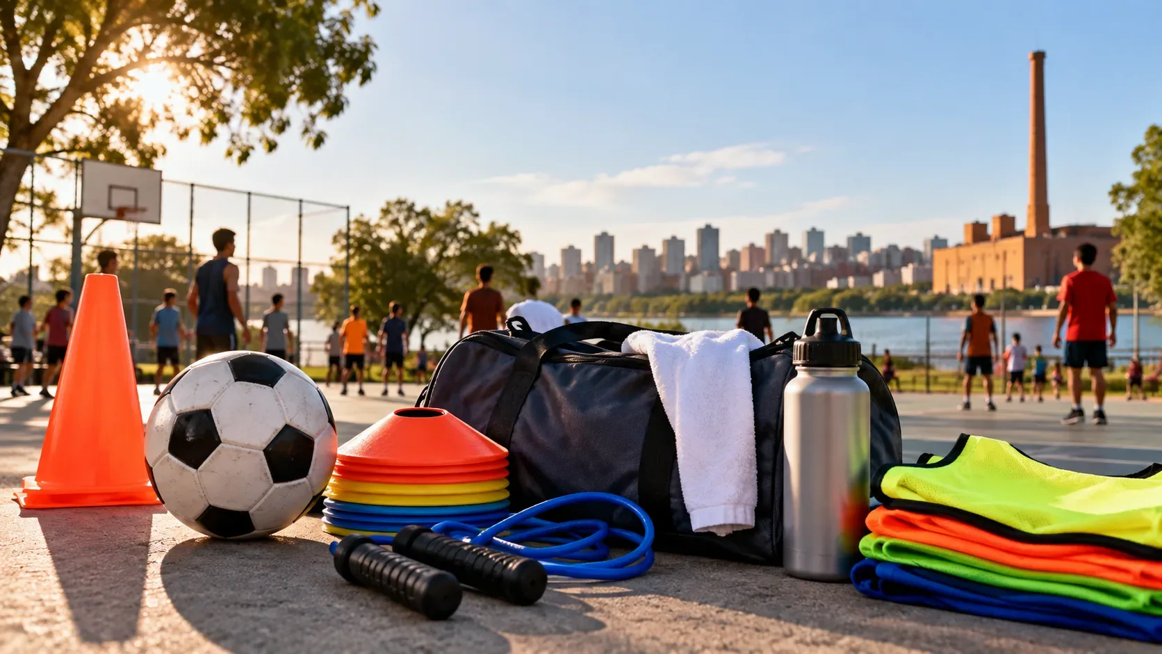 Materiais esportivos em primeiro plano numa quadra comunitária ao ar livre, com jogadores ao fundo e a paisagem urbana de Porto Alegre junto à água.