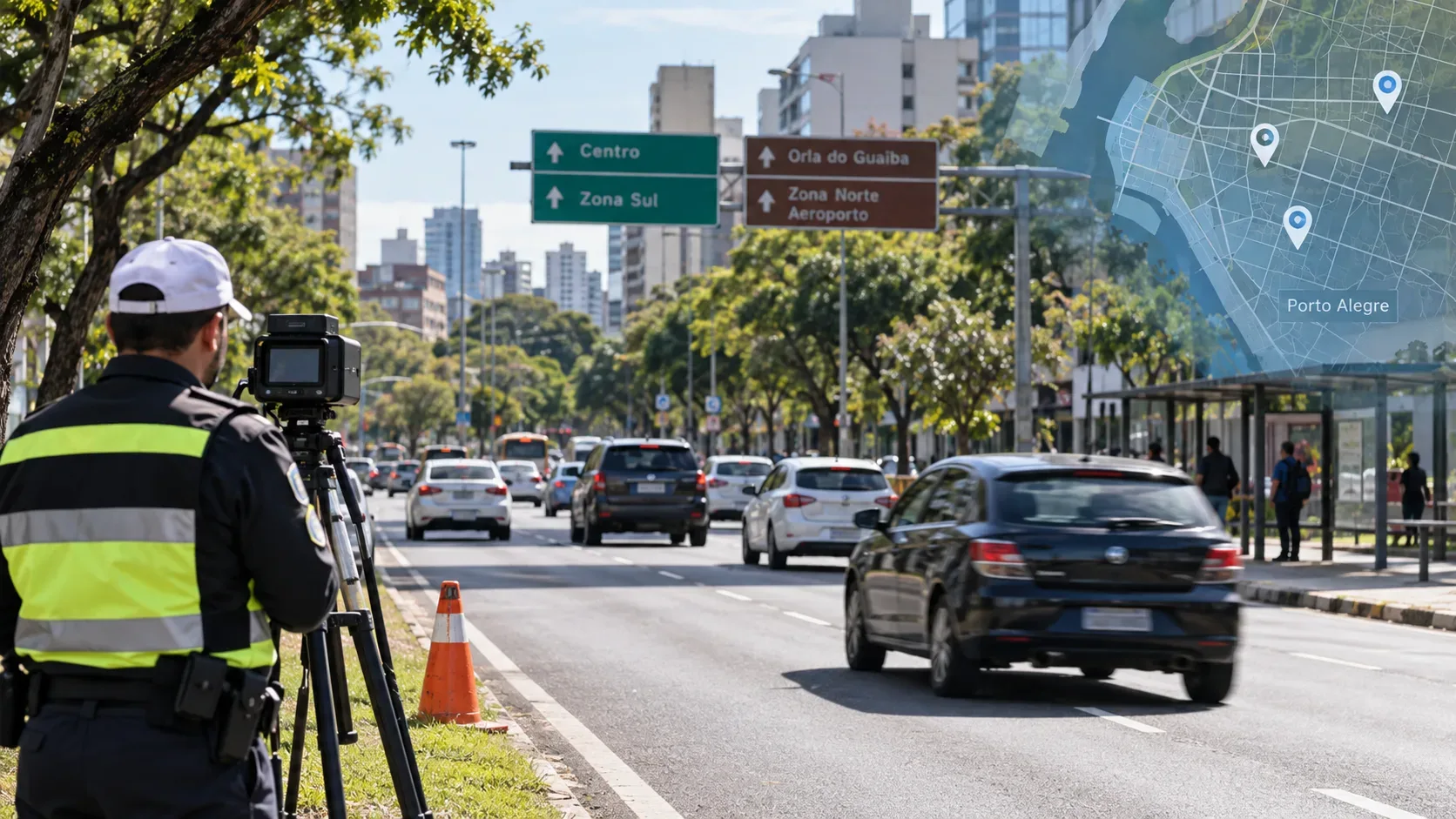 Agente de trânsito ao lado de radar móvel em avenida urbana de Porto Alegre, com carros em circulação e sobreposição discreta de mapa.