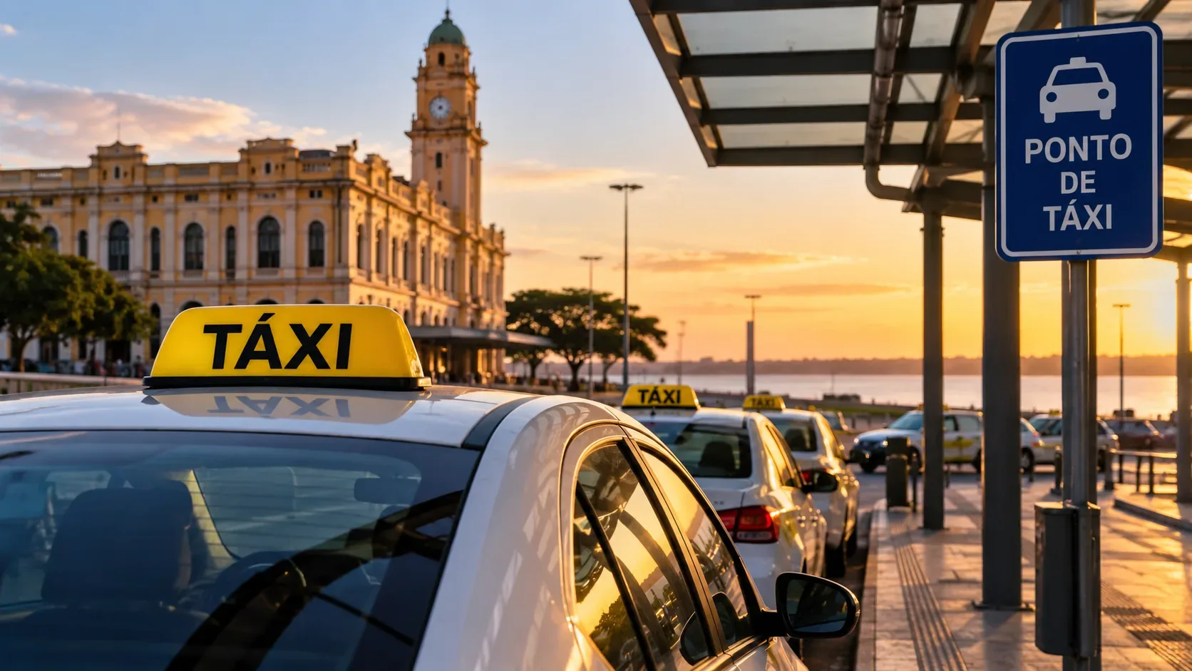 Táxis brancos alinhados em um ponto de táxi à beira do Guaíba, com prédio histórico de Porto Alegre ao fundo no fim da tarde.