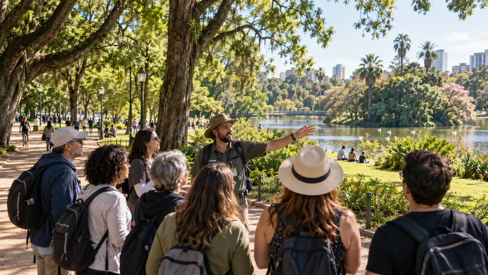 Grupo participa de caminhada guiada em parque arborizado junto a um lago, enquanto o guia aponta elementos da paisagem.