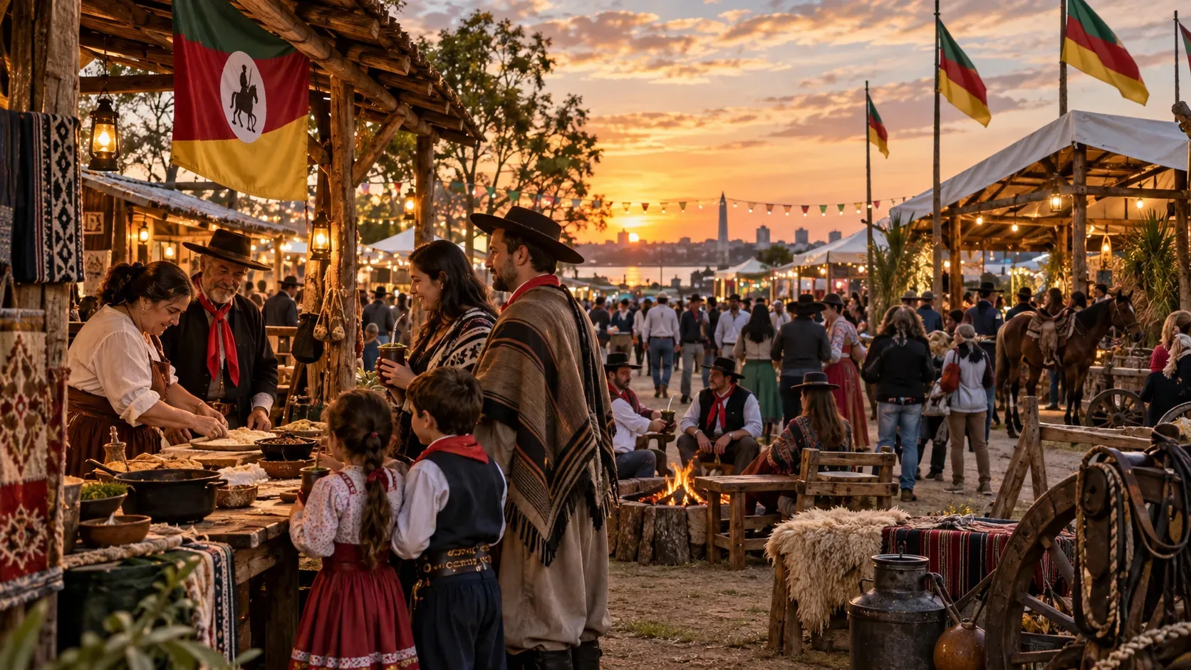 Acampamento tradicional gaúcho ao pôr do sol, com galpões rústicos, visitantes, oficina culinária, chimarrão, fogueira e bandeiras do Rio Grande do Sul.