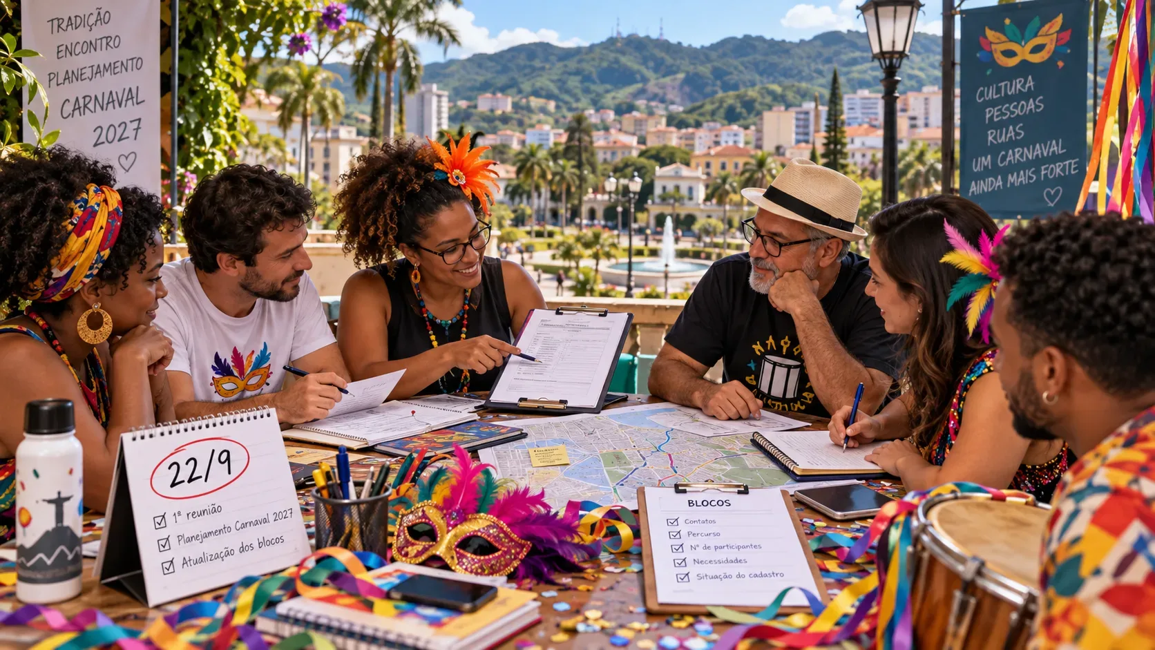 Representantes de blocos reunidos em torno de uma mesa com mapas, formulários, máscaras e adereços de Carnaval, com Poços de Caldas e suas montanhas ao fundo.