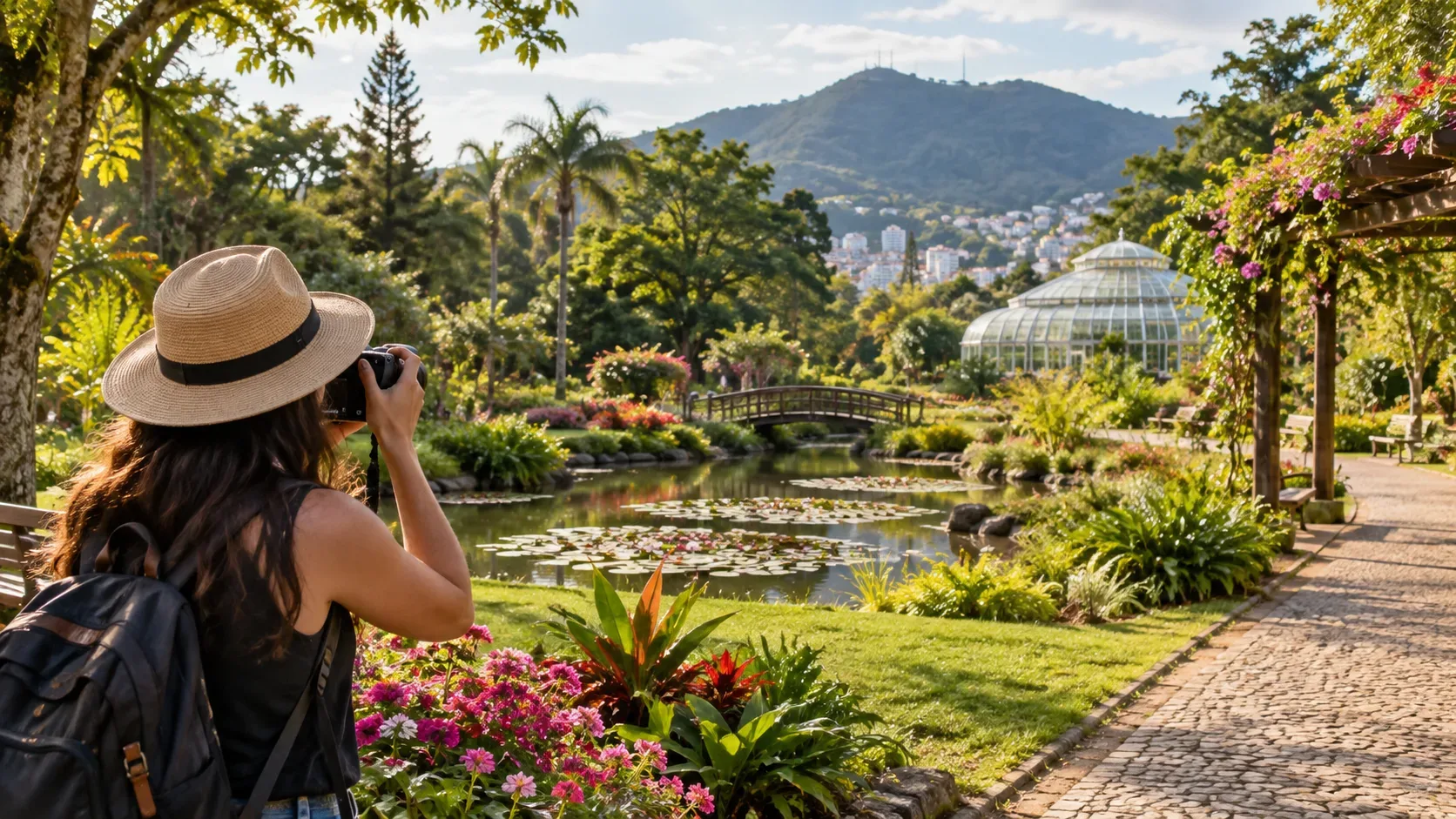 Fotógrafa com câmera diante de um jardim botânico ensolarado, com lago, flores, estufa e montanhas ao fundo.