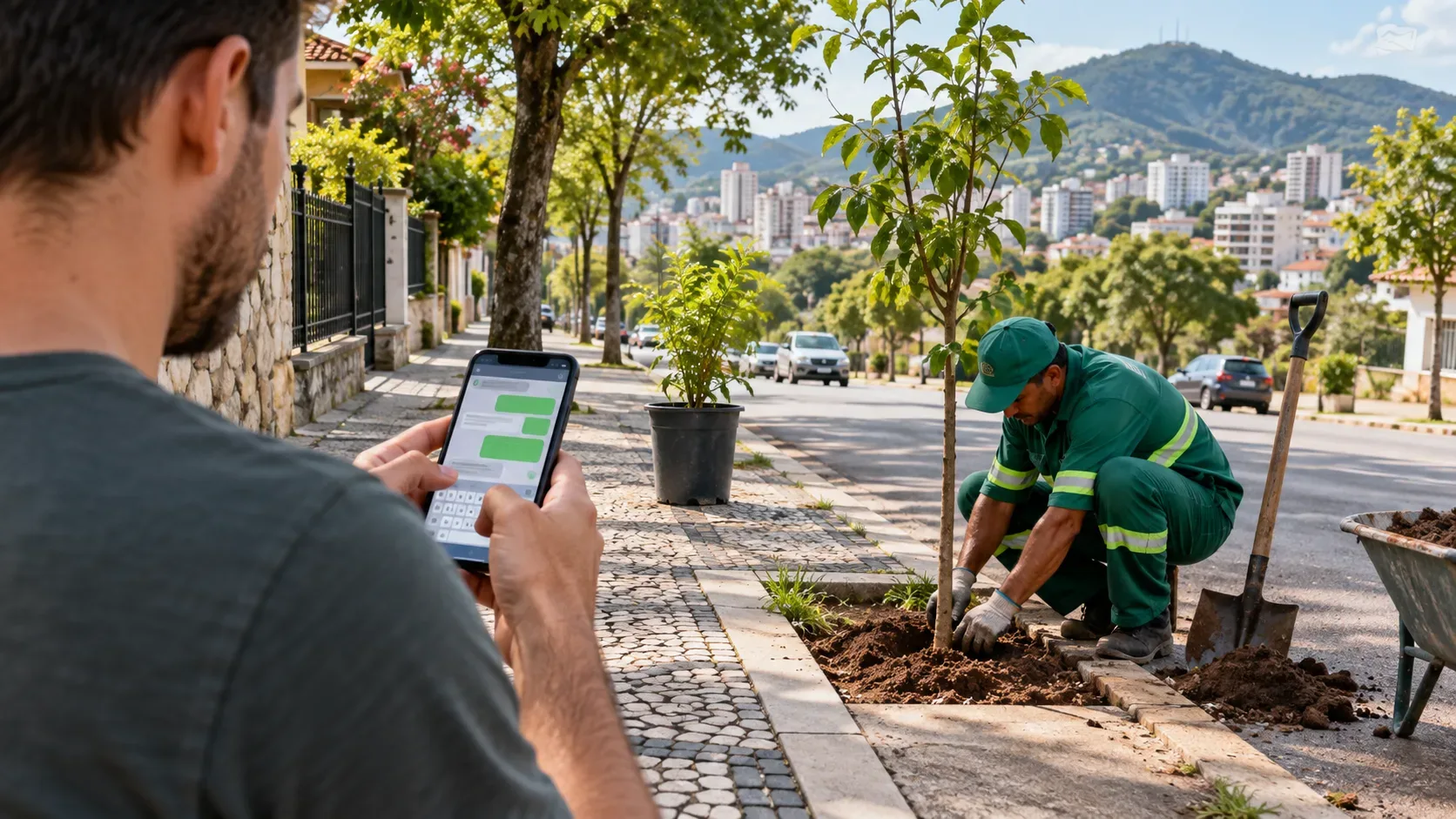 Morador usa smartphone enquanto servidor planta uma muda em calçada arborizada de uma cidade serrana.