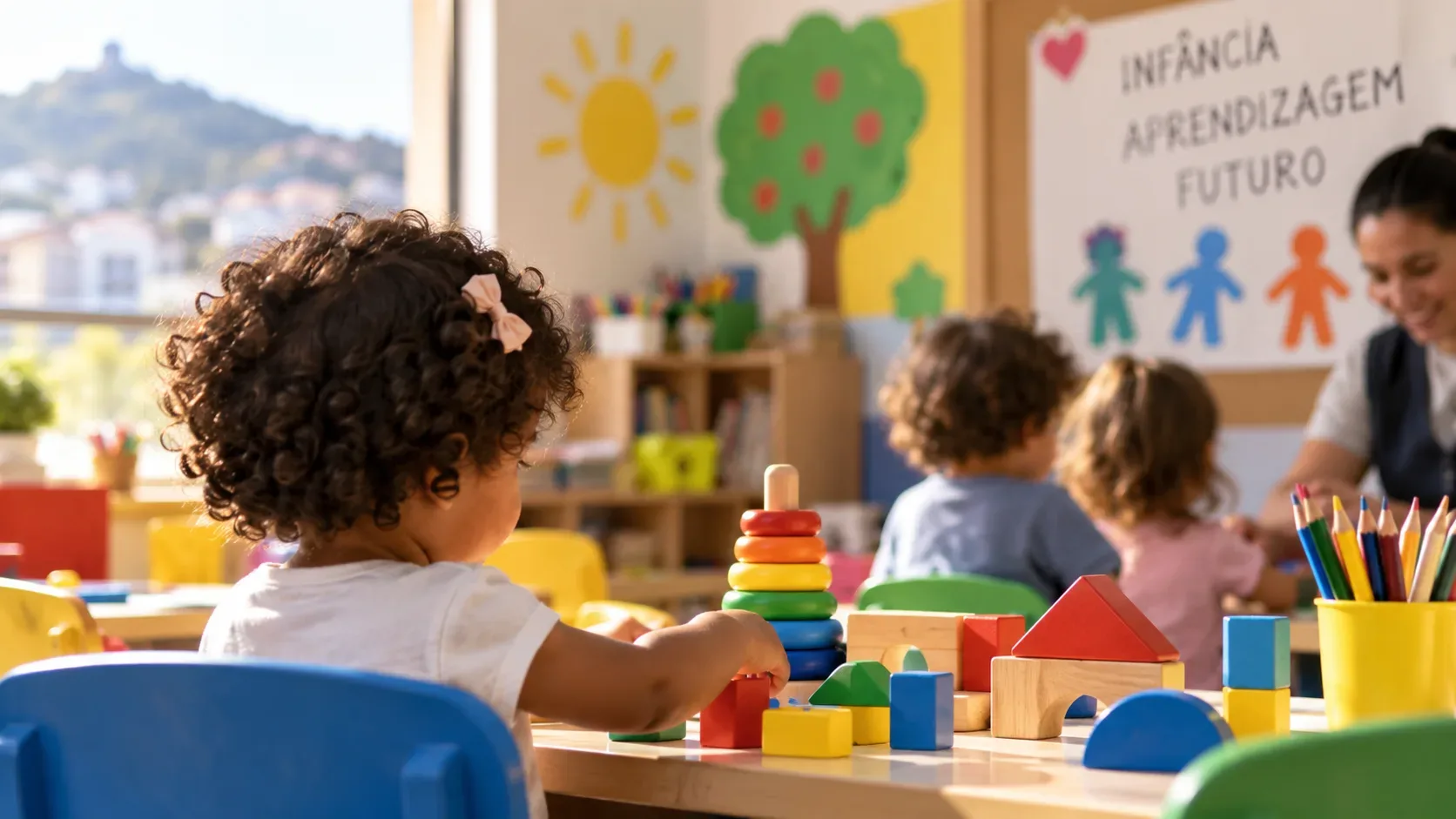 Sala de educação infantil iluminada, com crianças pequenas brincando com blocos coloridos e uma educadora ao fundo.