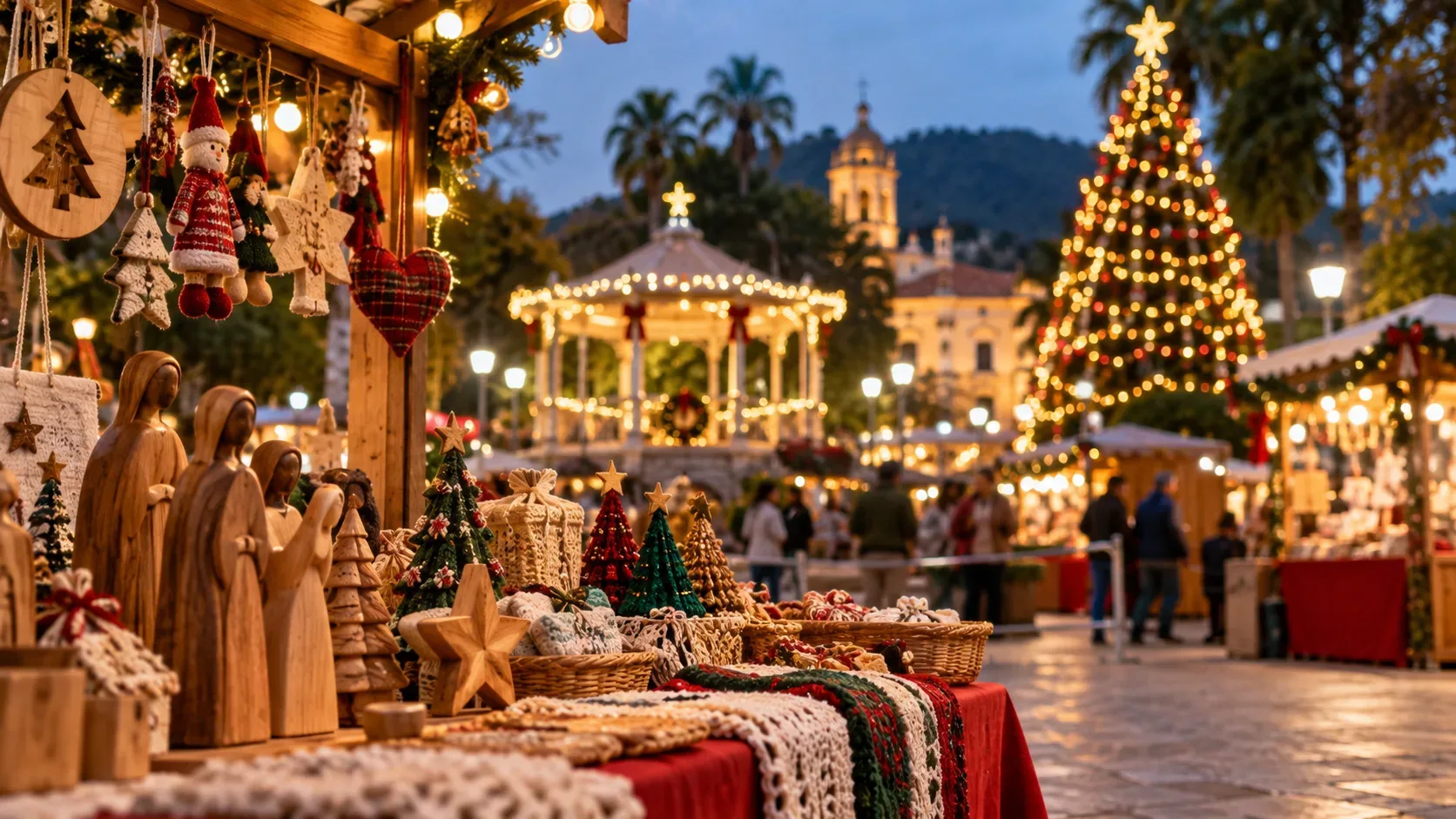 Banca de artesanato natalino com peças de madeira e crochê, luzes festivas, coreto iluminado e árvore de Natal ao fundo.