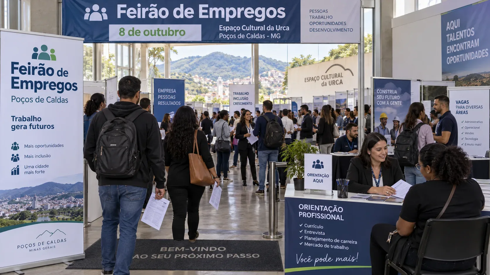 Candidatos com currículos circulam entre estandes de recrutamento e recebem orientação profissional em um feirão de empregos em Poços de Caldas.